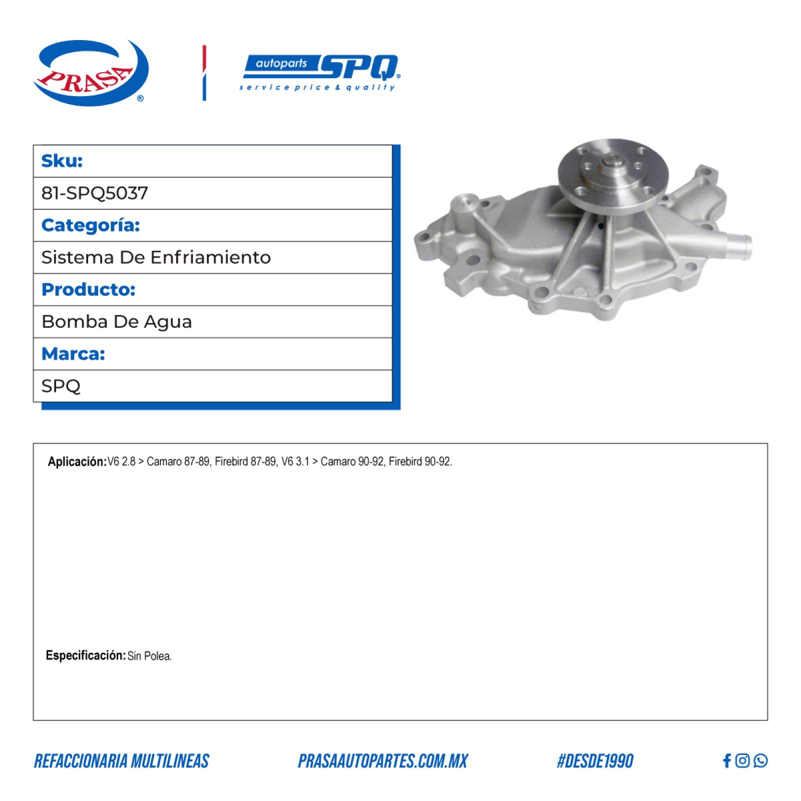 Bomba De Agua, SPQ; Para Chevrolet Camaro 1987-1989 V6; 2.8