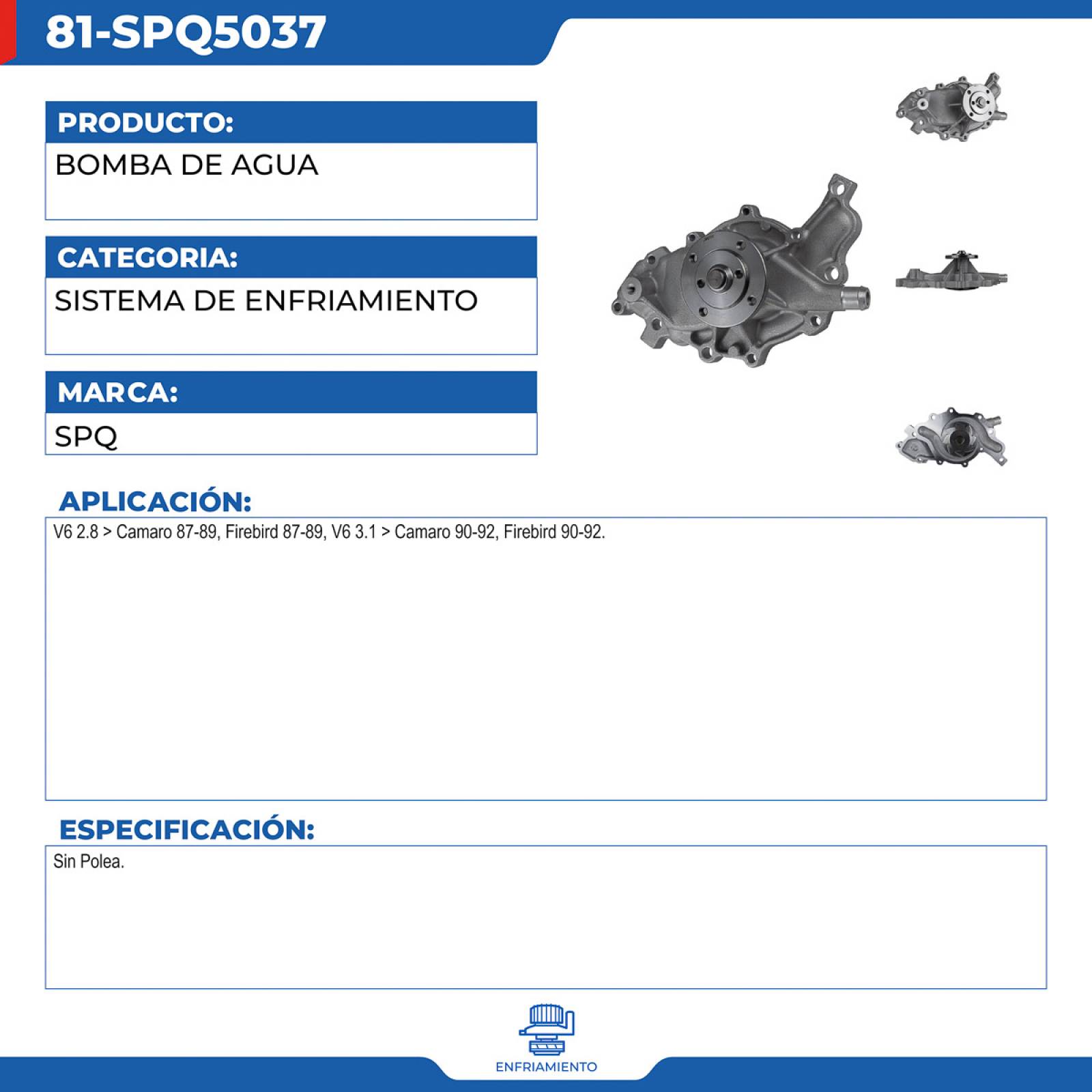 Bomba De Agua, SPQ; Para Chevrolet Camaro 1987-1989 V6; 2.8