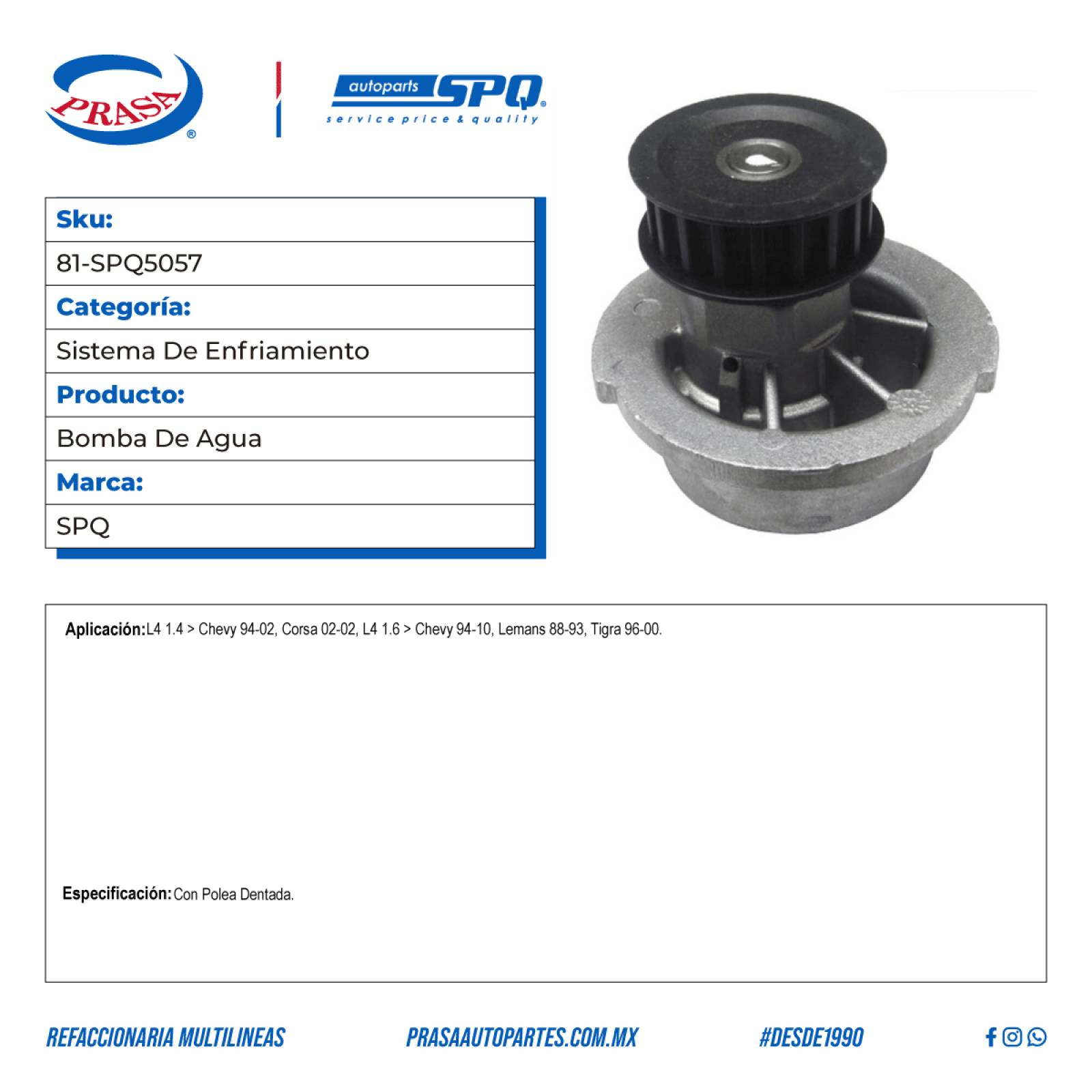 Bomba De Agua, SPQ; Para Chevrolet Chevy C2 2004-2010 L4; 1.6