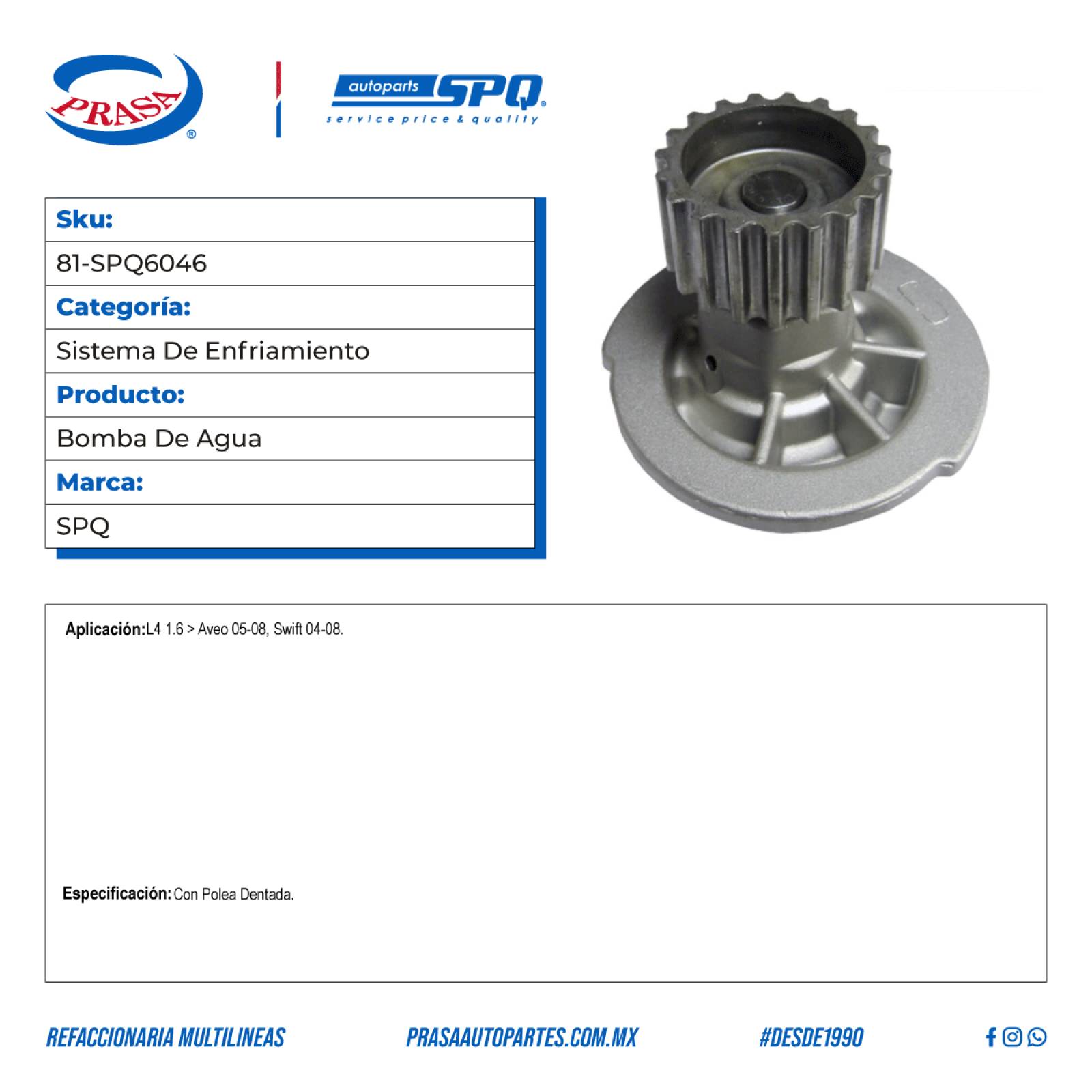 Bomba De Agua, SPQ; Para Chevrolet Aveo 2005-2008 L4; 1.6