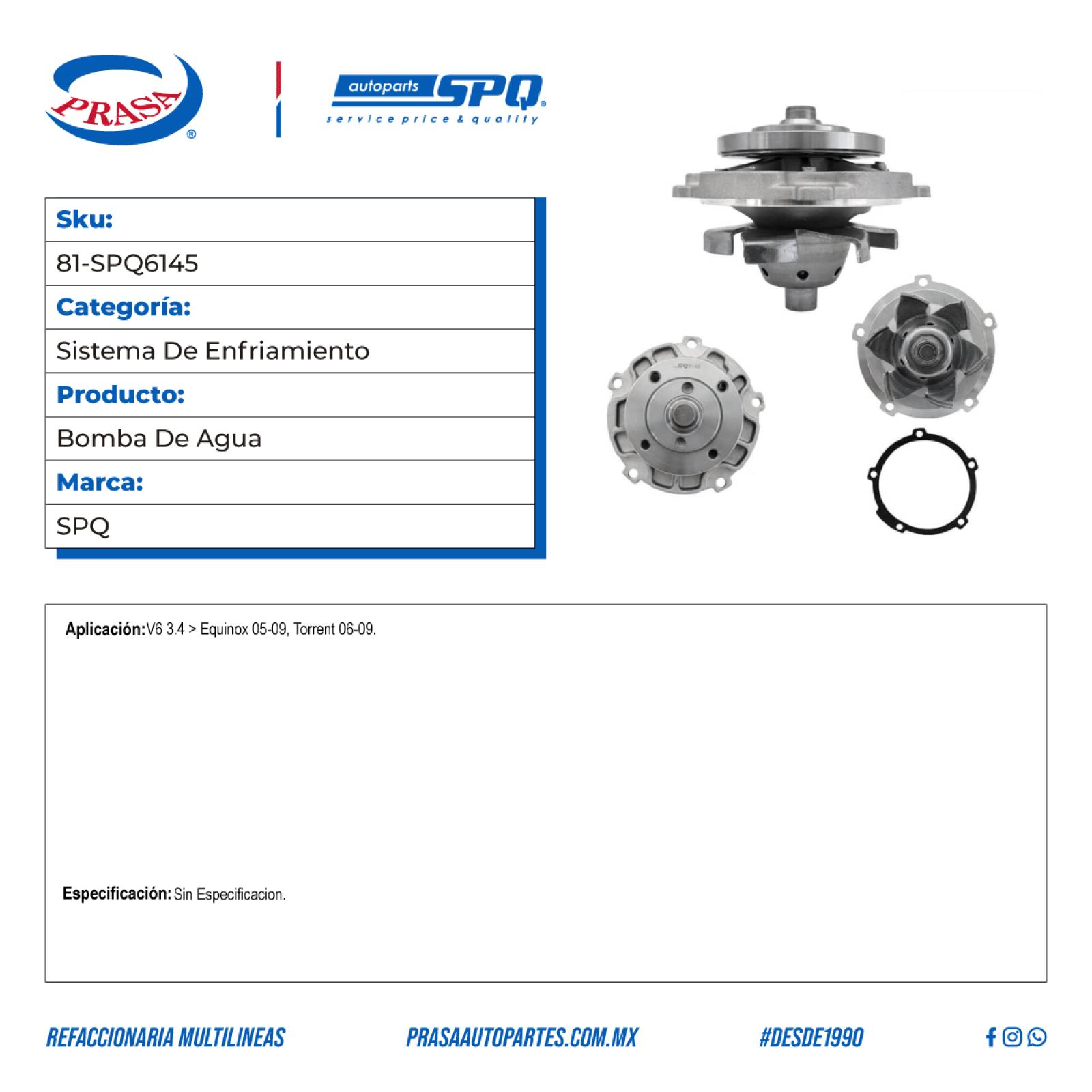 Bomba De Agua, SPQ; Para Chevrolet Equinox 2005-2009 V6; 3.4