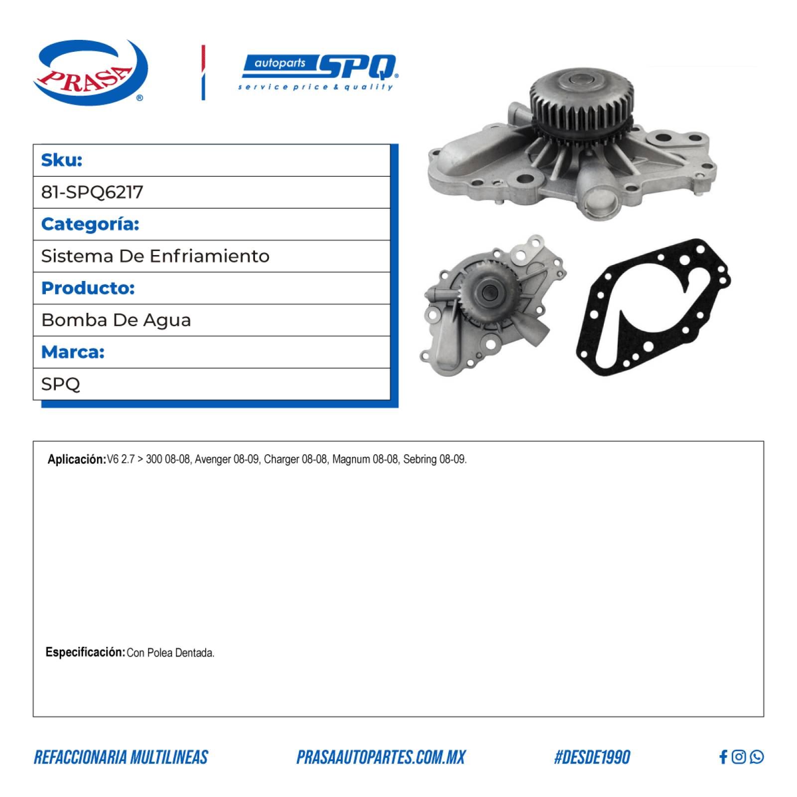 Bomba De Agua, SPQ; Para Chrysler 300 2008-2008 V6; 2.7