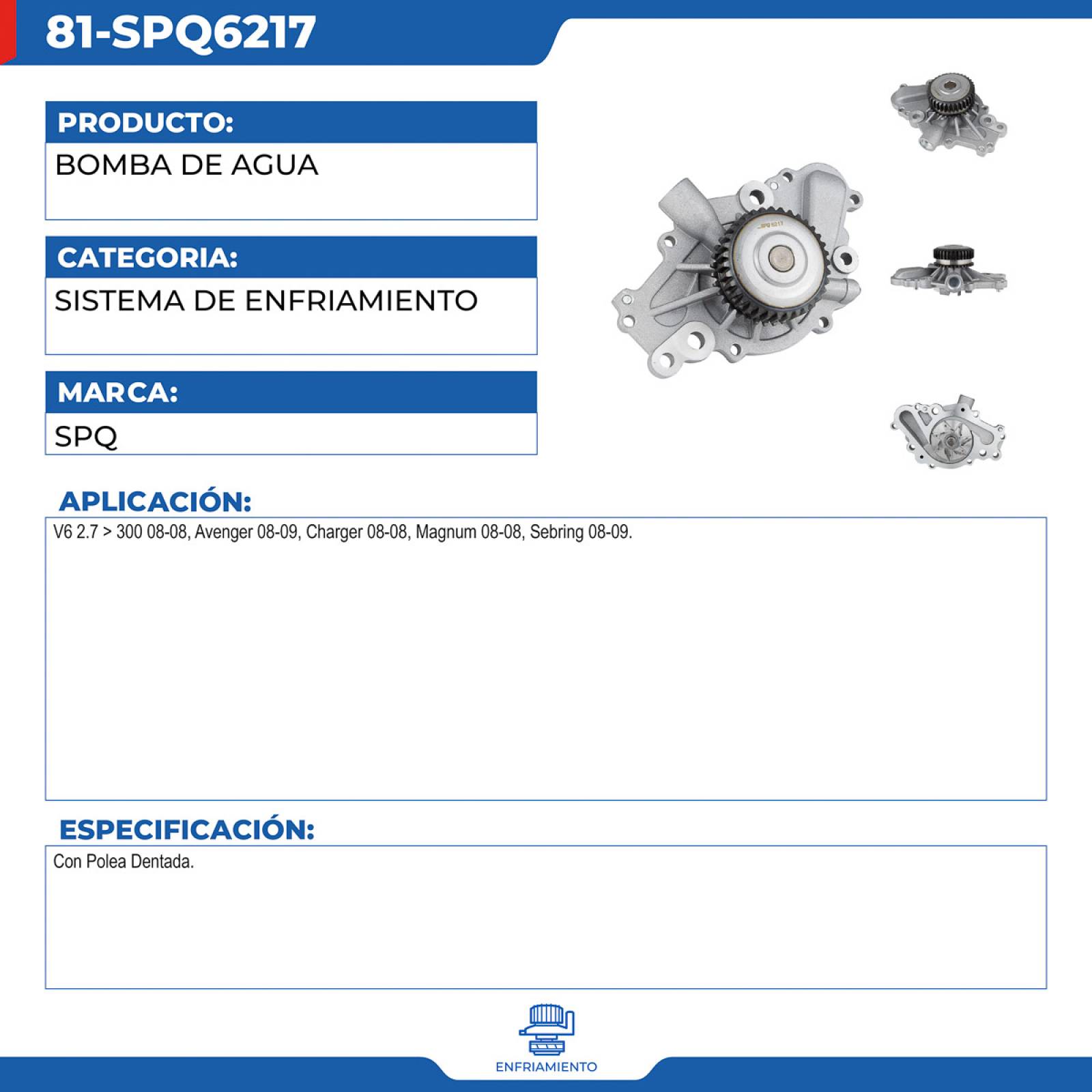 Bomba De Agua, SPQ; Para Chrysler 300 2008-2008 V6; 2.7