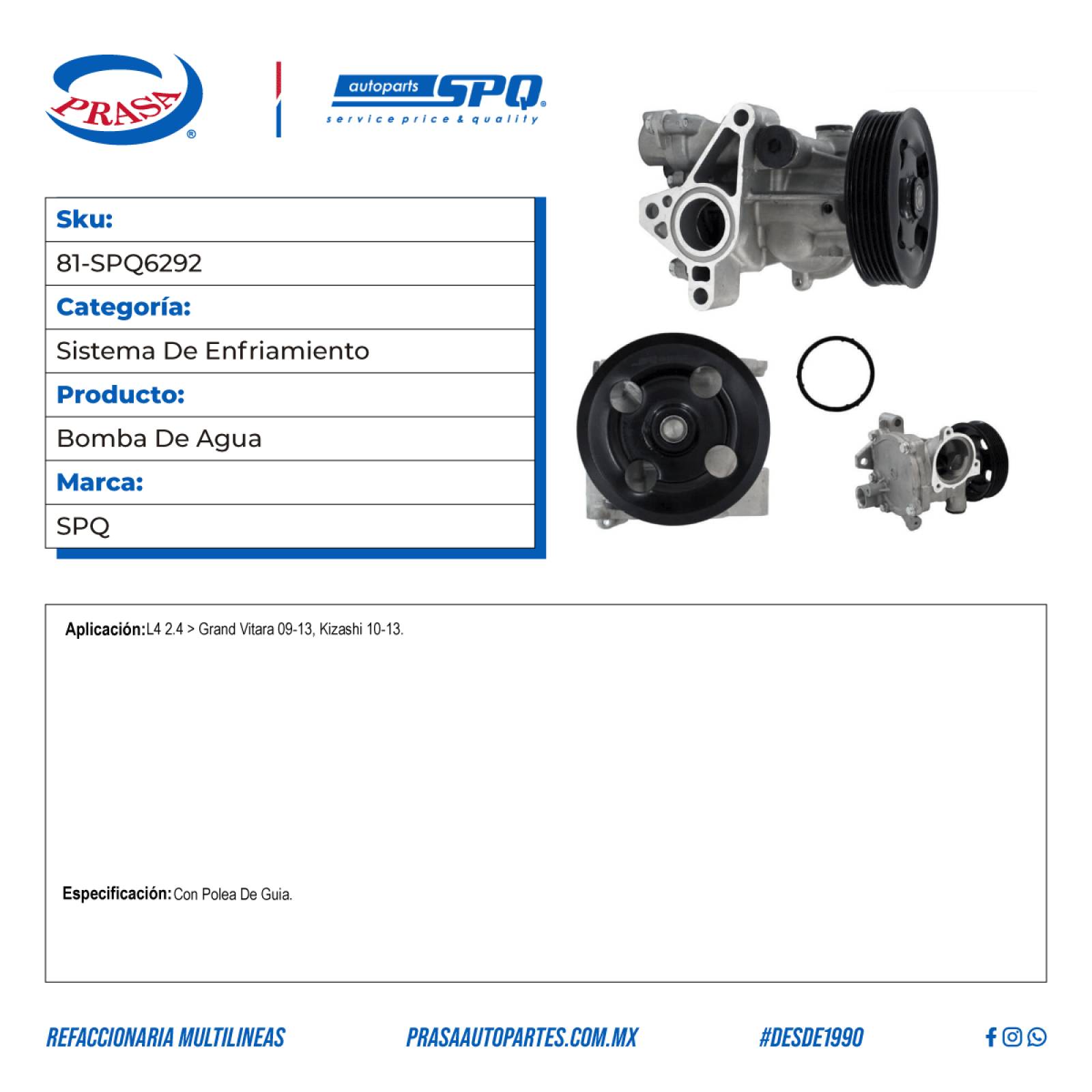 Bomba De Agua, SPQ; Para Suzuki Grand Vitara 2009-2013 L4; 2.4