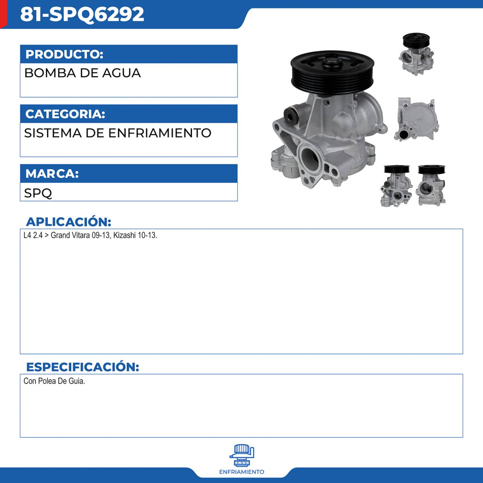 Bomba De Agua, SPQ; Para Suzuki Grand Vitara 2009-2013 L4; 2.4