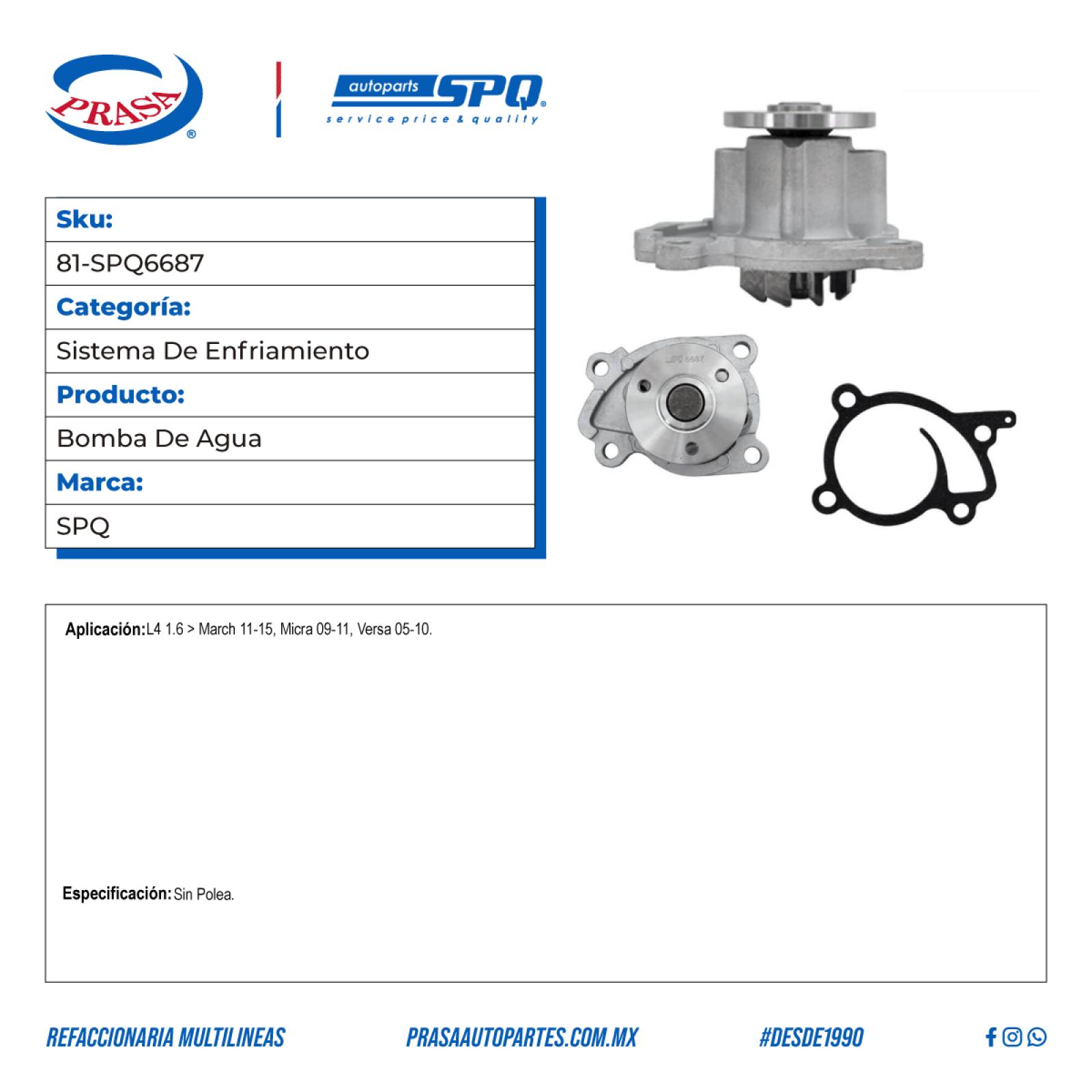 Bomba De Agua, SPQ; Para Nissan March 2011-2015 L4; 1.6