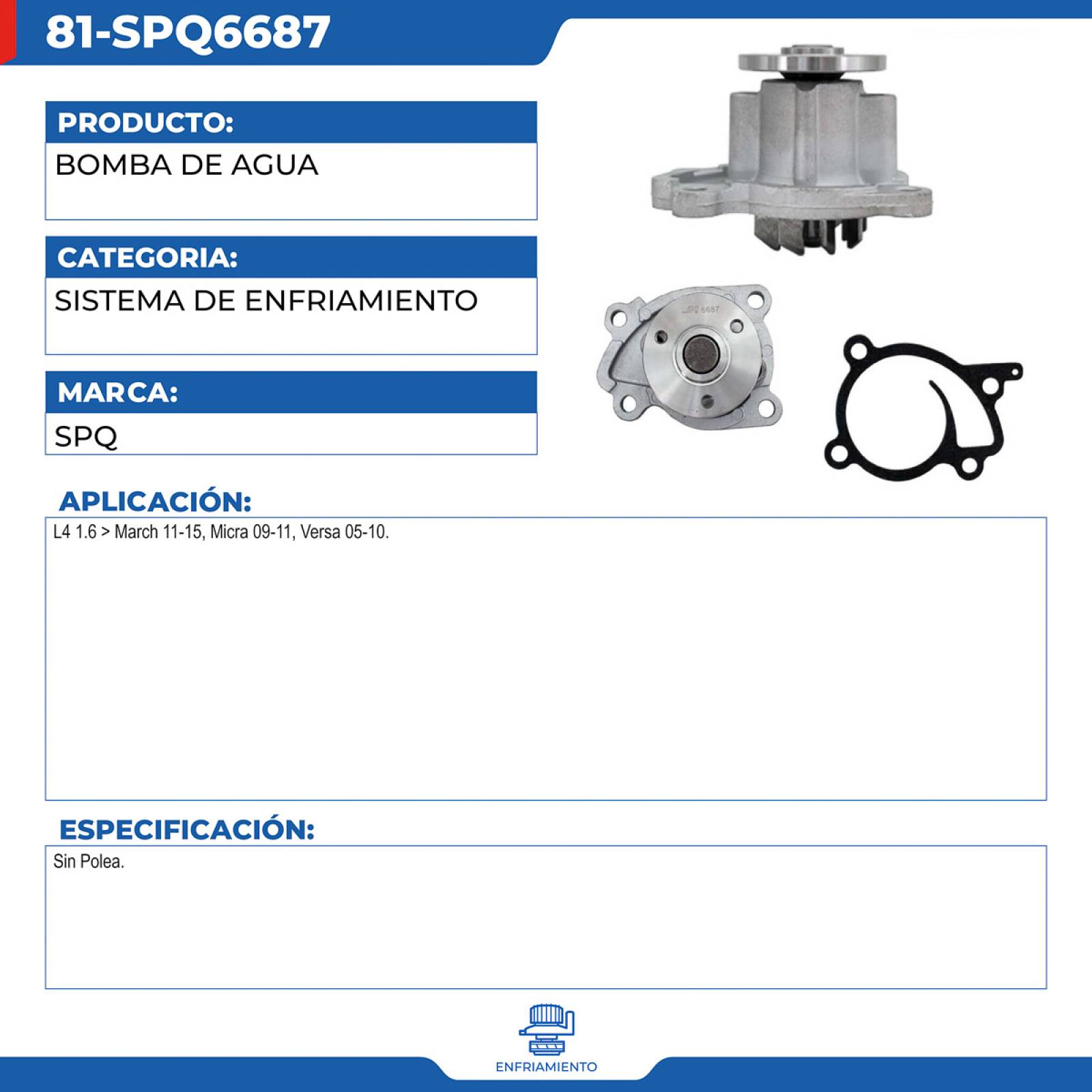 Bomba De Agua, SPQ; Para Nissan March 2011-2015 L4; 1.6