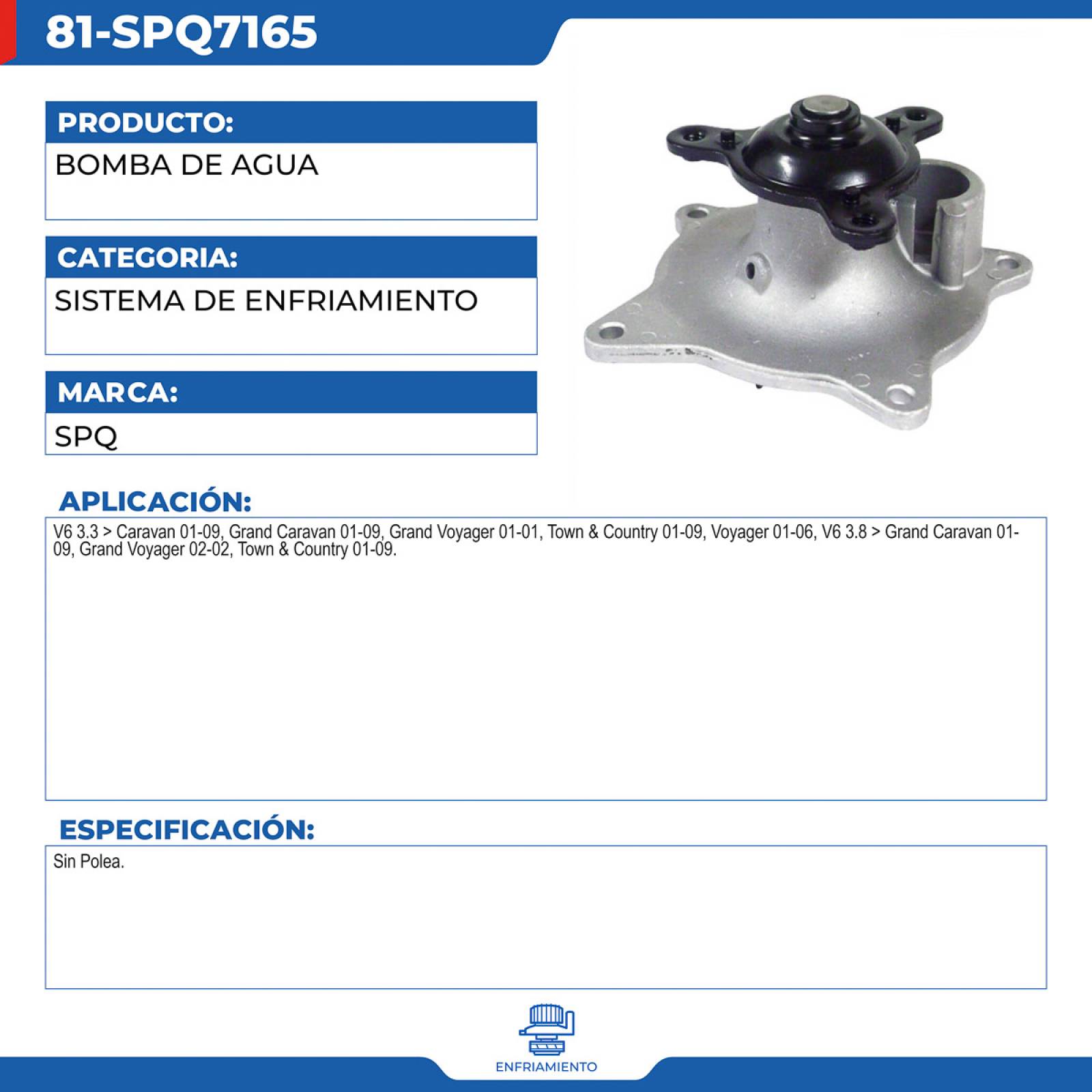 Bomba De Agua, SPQ; Para Chrysler Grand Voyager 2001-2001 V6; 3.3