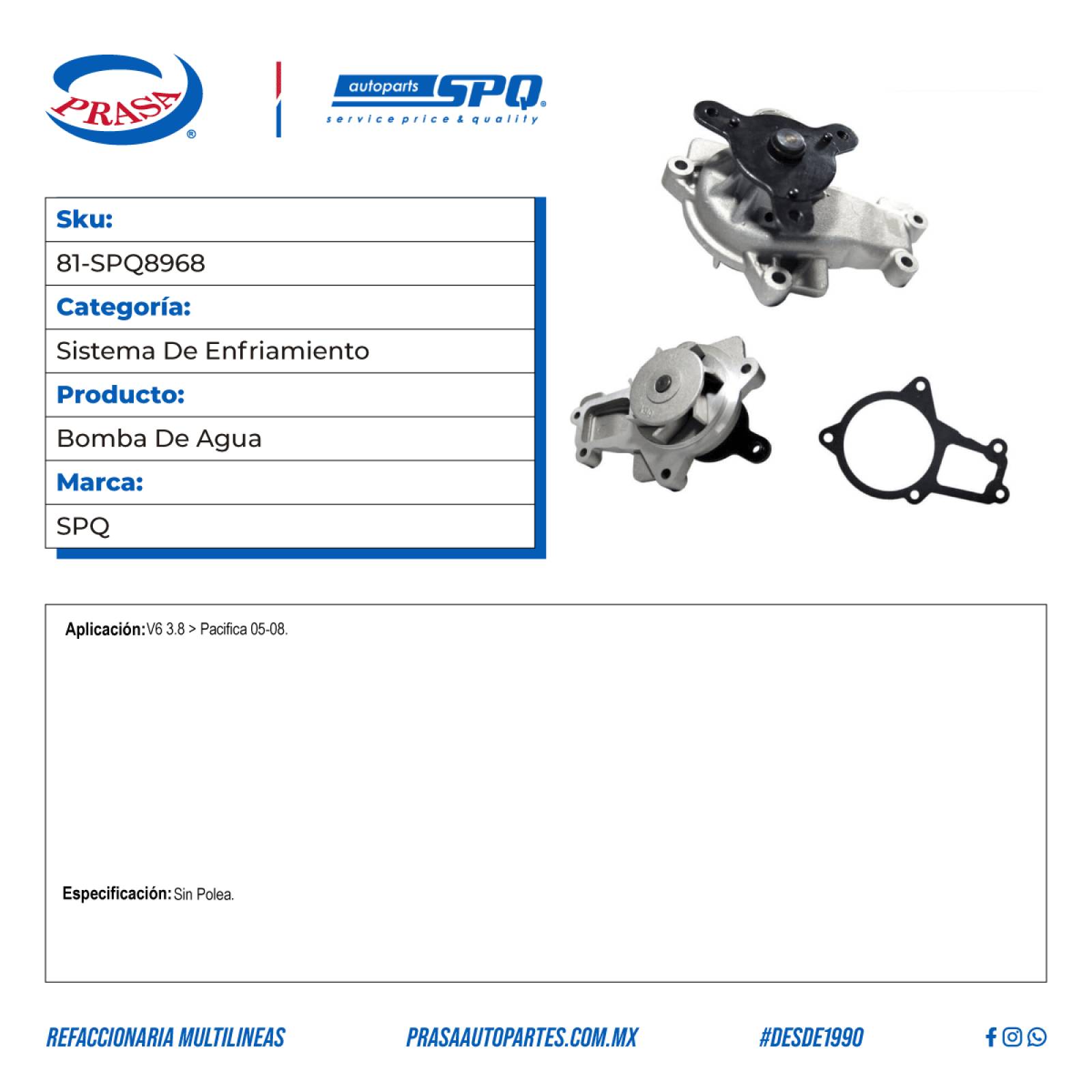 Bomba De Agua, SPQ; Para Chrysler Pacifica 2005-2008 V6; 3.8