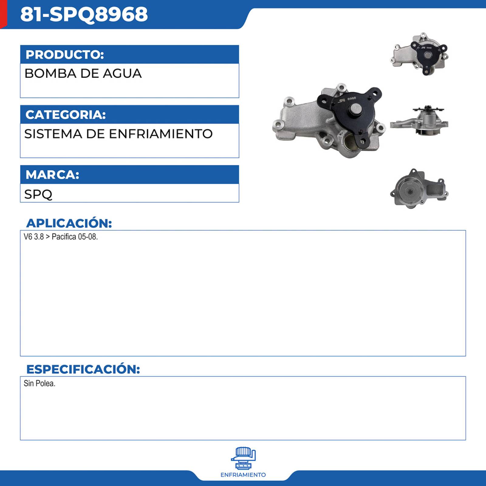 Bomba De Agua, SPQ; Para Chrysler Pacifica 2005-2008 V6; 3.8