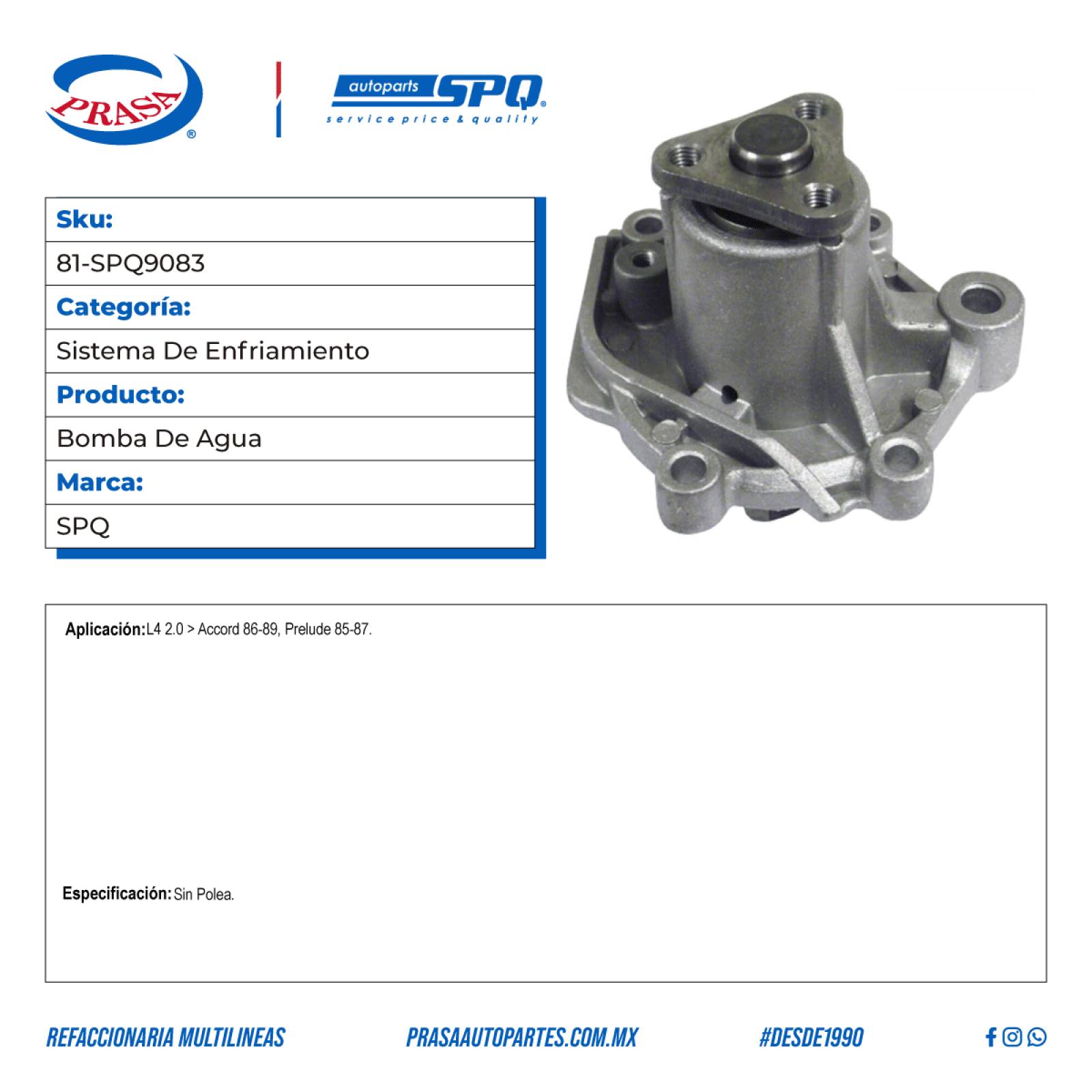 Bomba De Agua, SPQ; Para Honda Accord 1987-1989 L4; 2