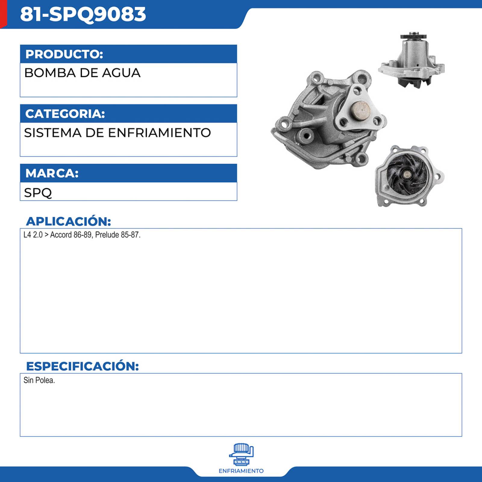Bomba De Agua, SPQ; Para Honda Accord 1987-1989 L4; 2