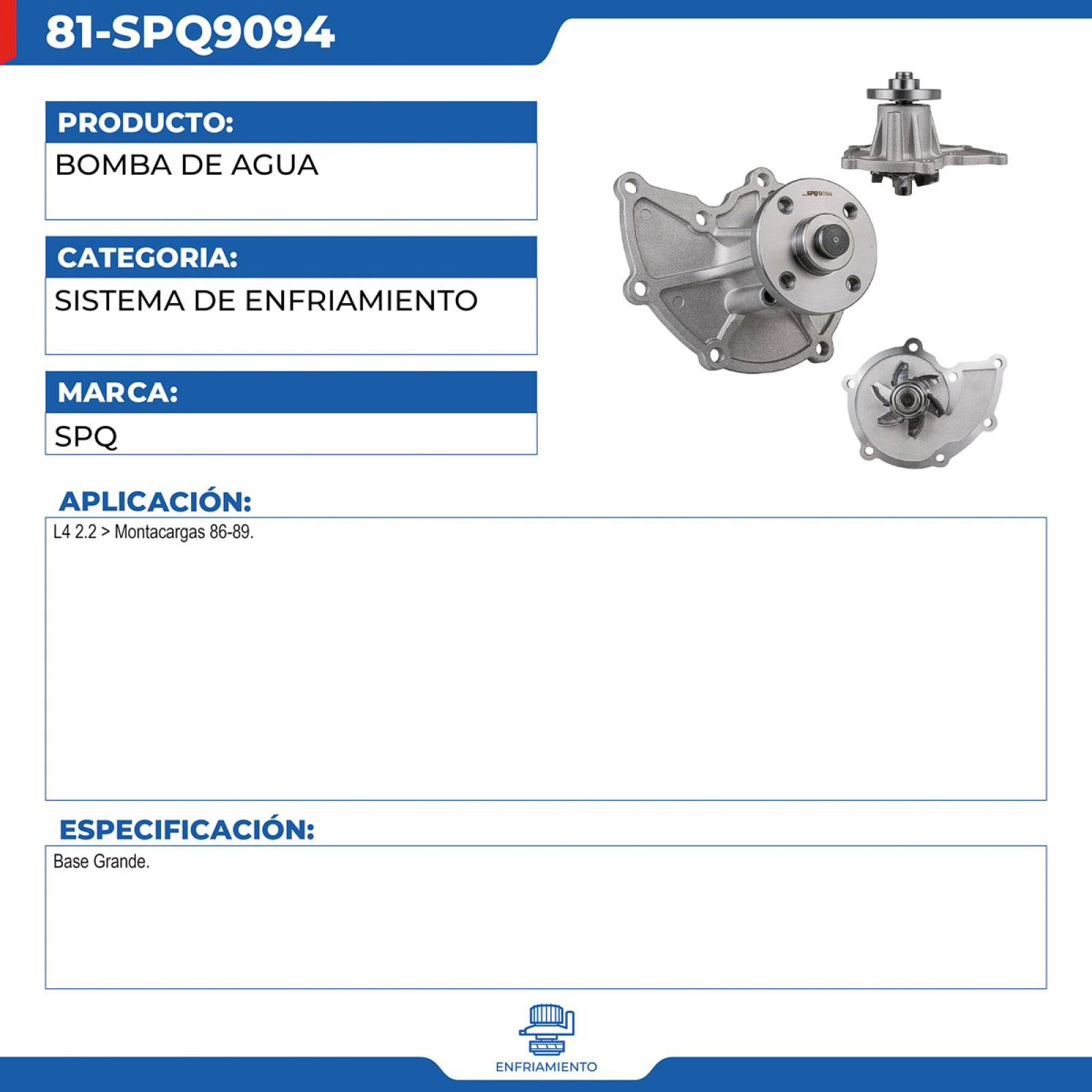 Bomba De Agua, SPQ; Para Toyota Montacargas 1986-1989 L4; 2.2