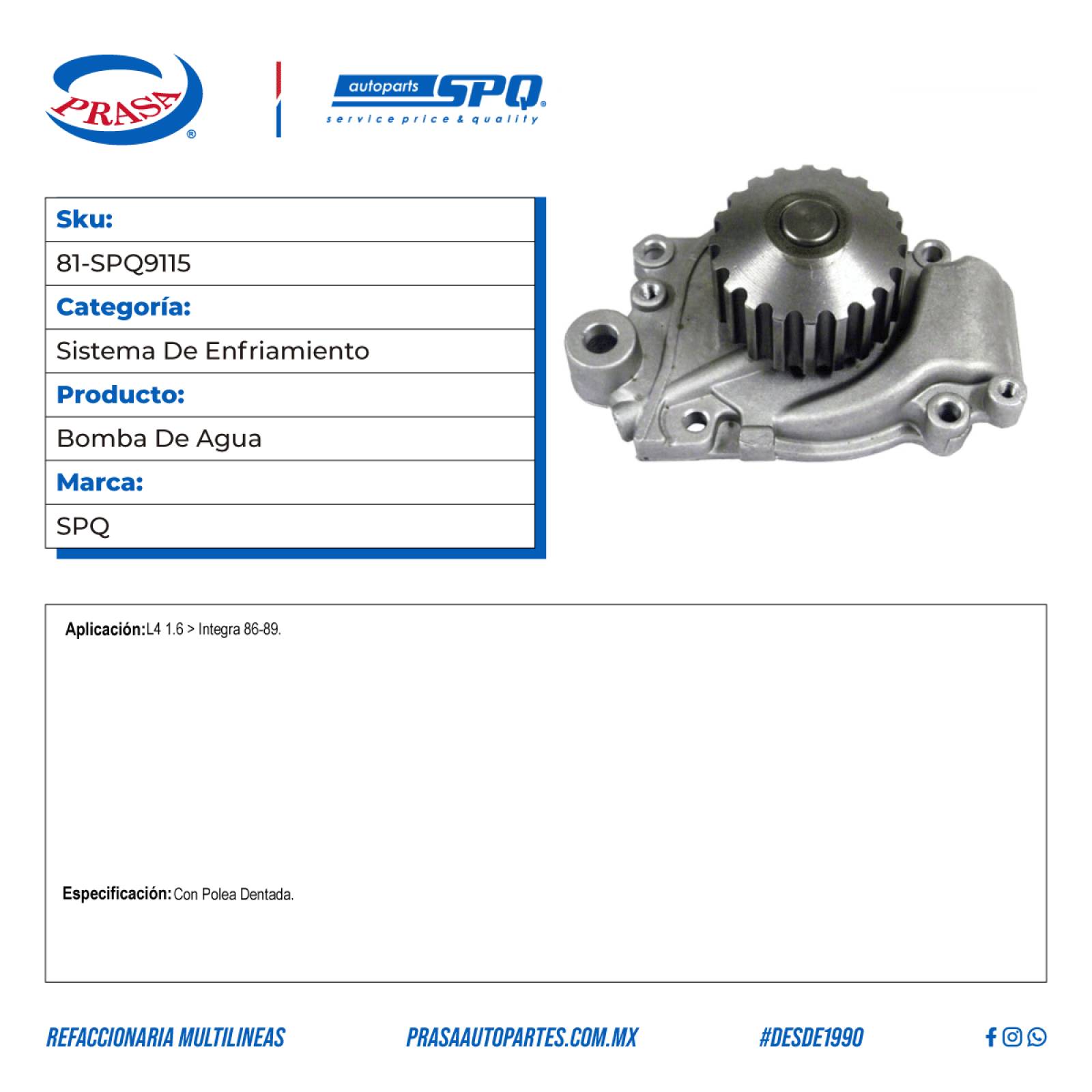 Bomba De Agua, SPQ; Para Acura Integra 1986-1989 L4; 1.6