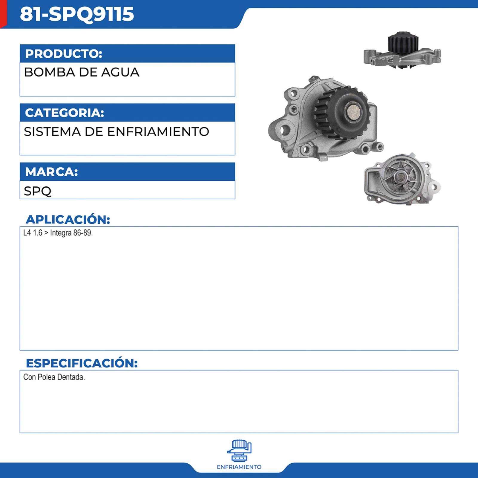Bomba De Agua, SPQ; Para Acura Integra 1986-1989 L4; 1.6