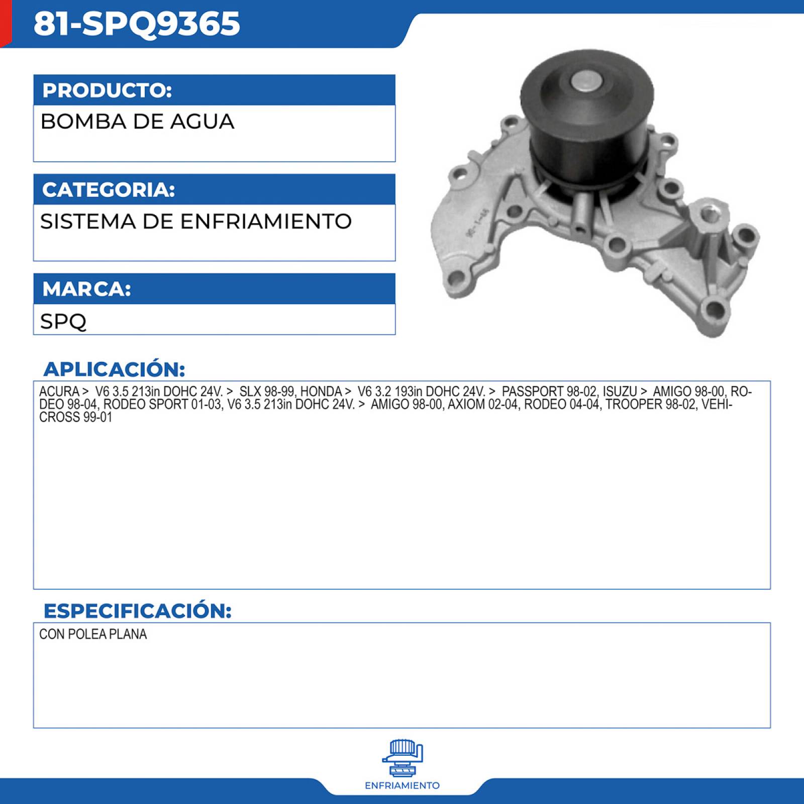 Bomba De Agua, SPQ; Para Acura Slx 1998-1999 V6; 3.5