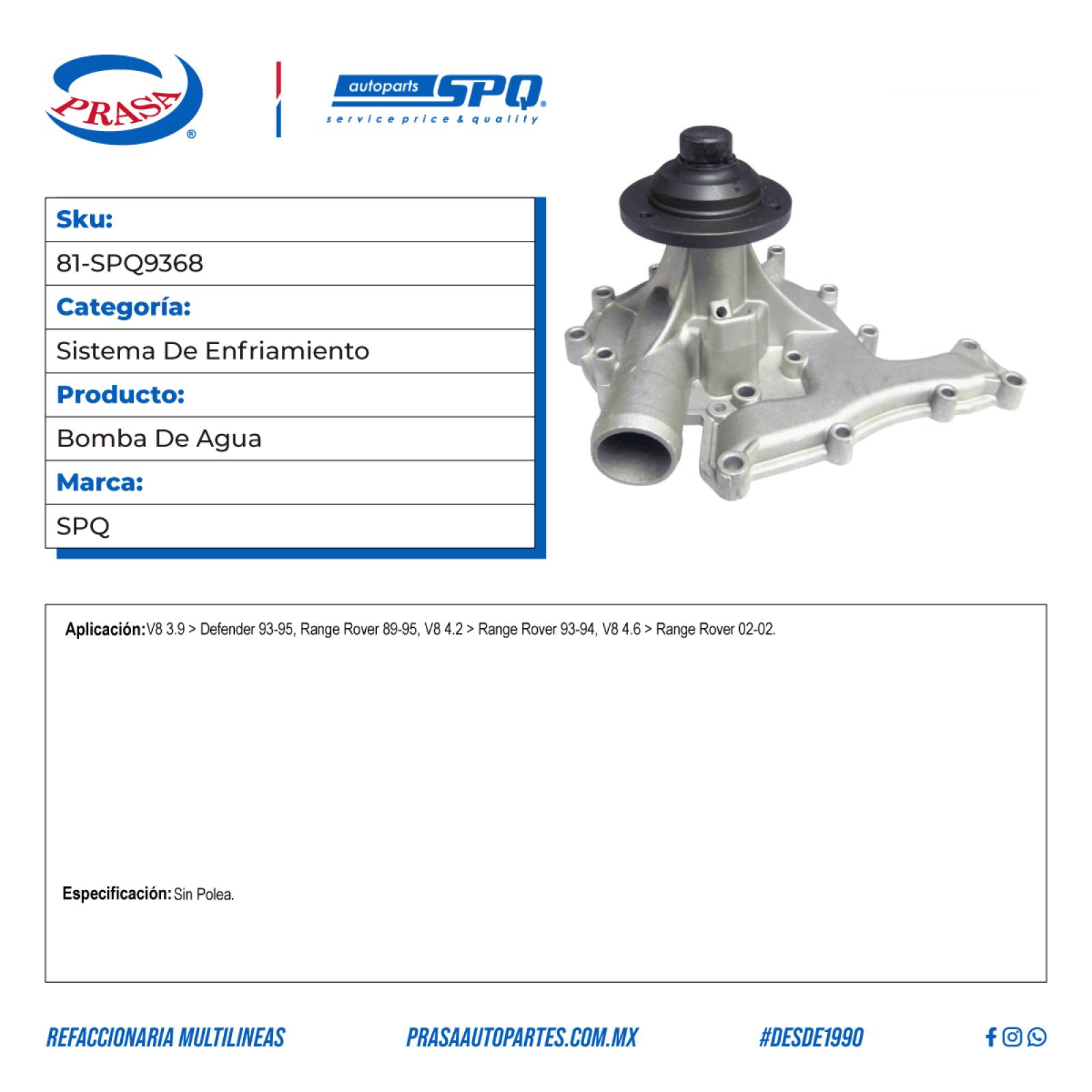 Bomba De Agua, SPQ; Para Land Rover Defender 1993-1995 V8; 3.9
