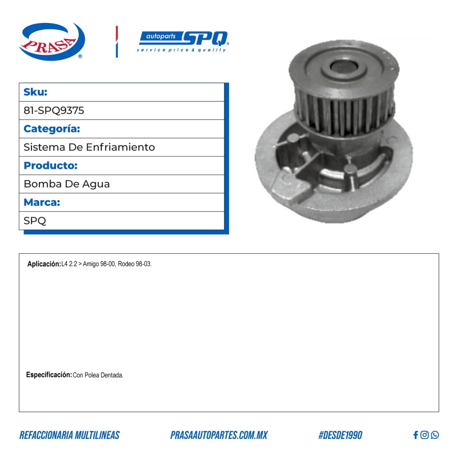 Bomba De Agua, SPQ; Para Isuzu Amigo 1998-2000 L4; 2.2