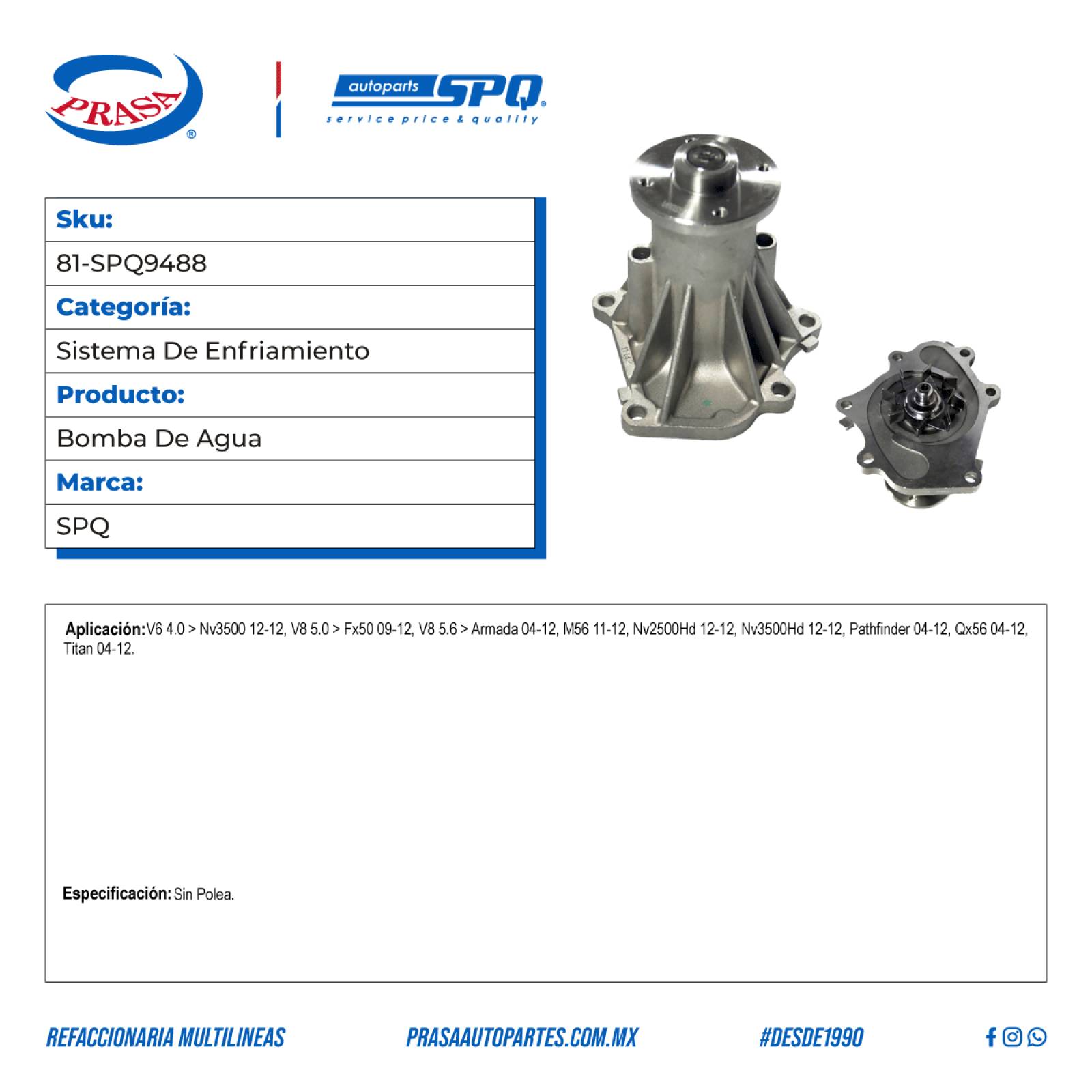Bomba De Agua, SPQ; Para Infiniti Fx50 2009-2012 V8; 5
