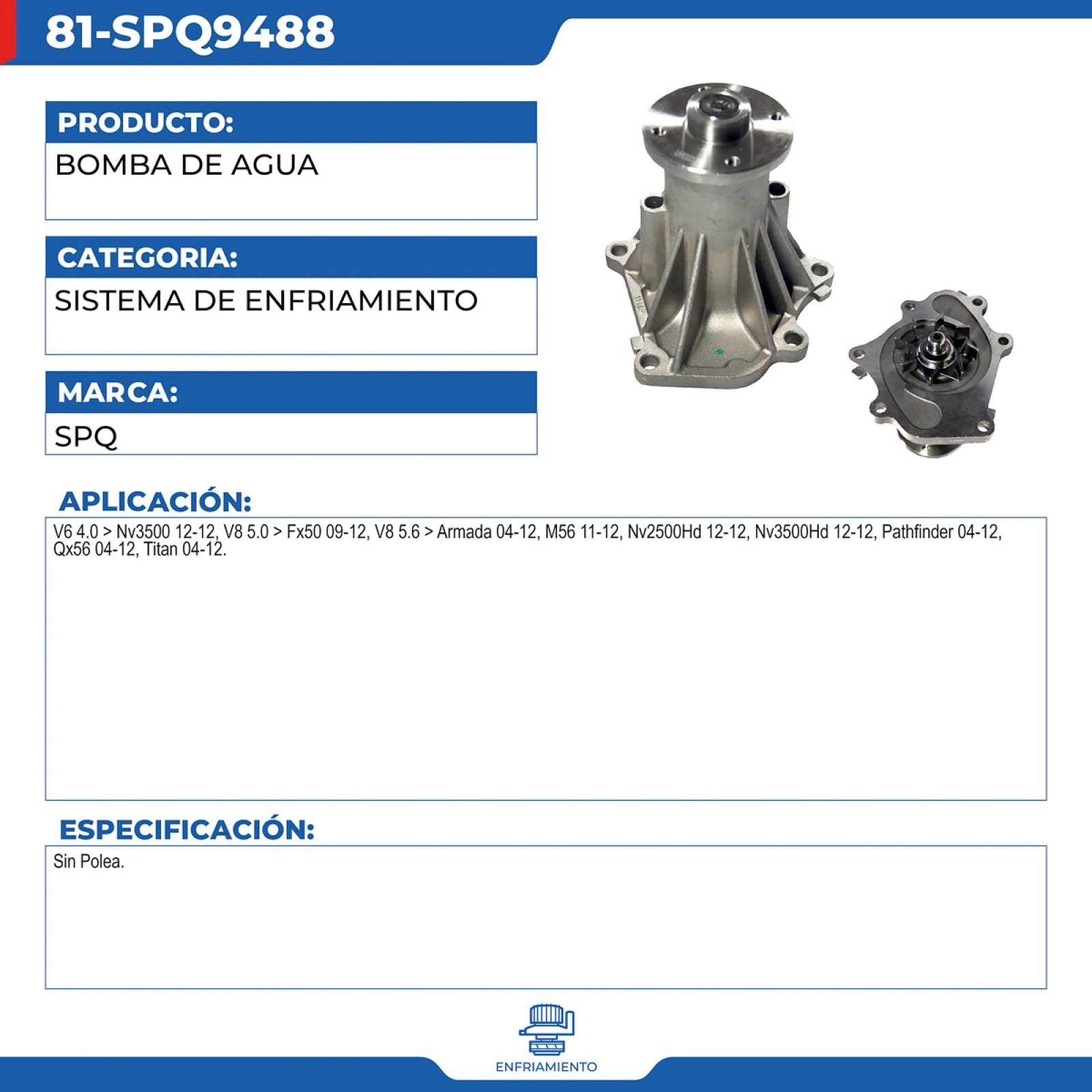 Bomba De Agua, SPQ; Para Infiniti Fx50 2009-2012 V8; 5