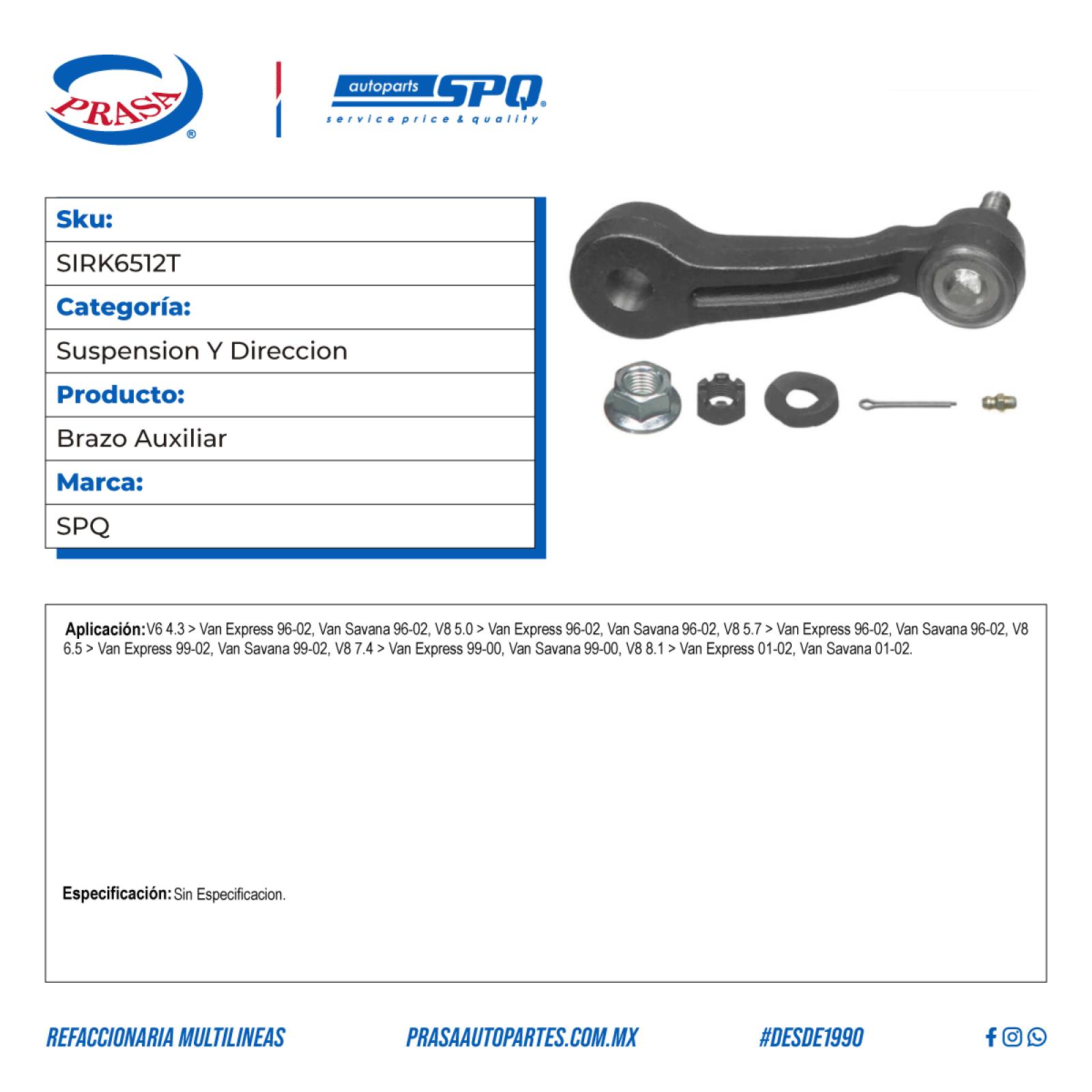 Brazo Auxiliar, SPQ; Para Chevrolet Express 1500 1997-2002 V6; 4.3