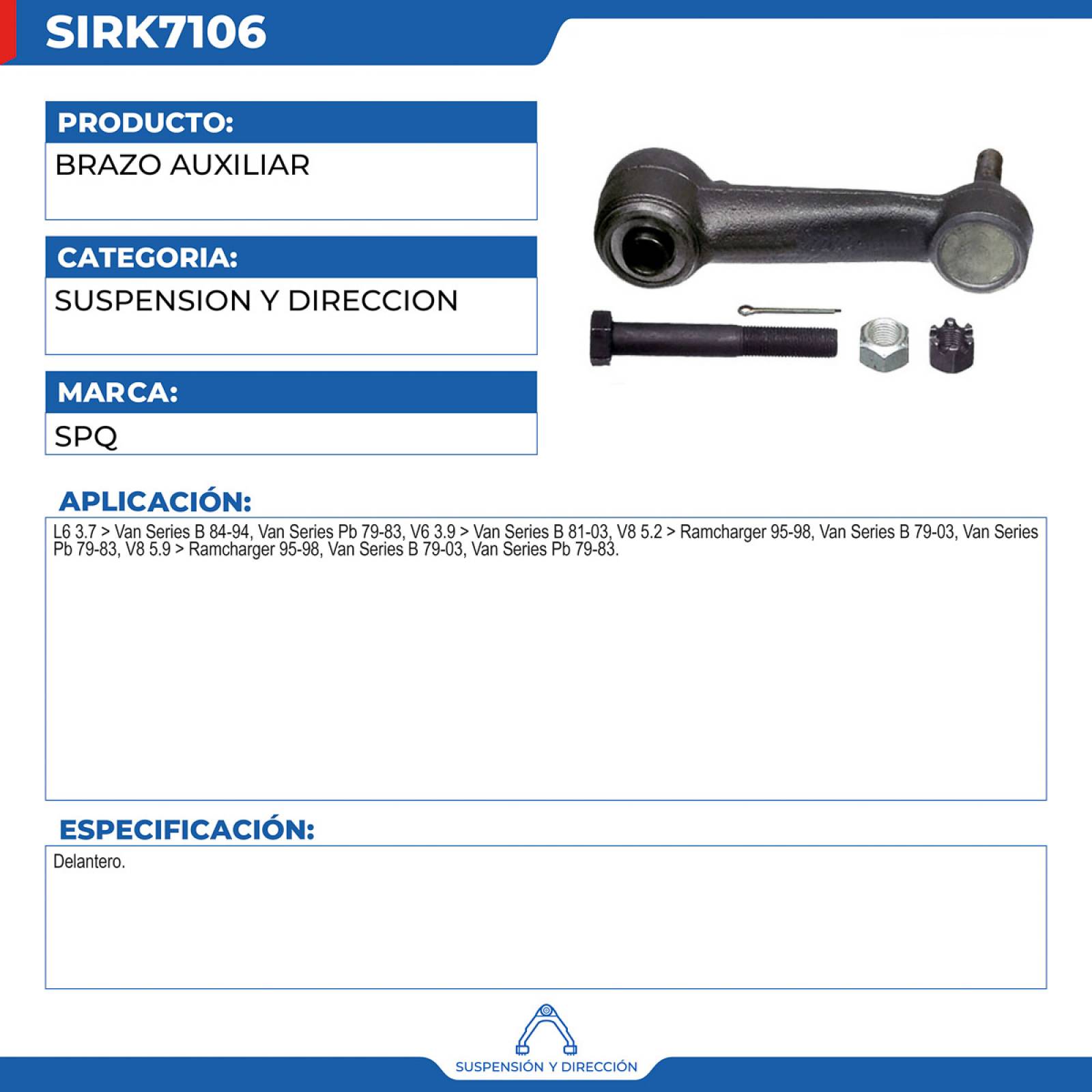 Brazo Auxiliar, SPQ; Para Dodge B100 Van 1980-1980 V8; 5.2