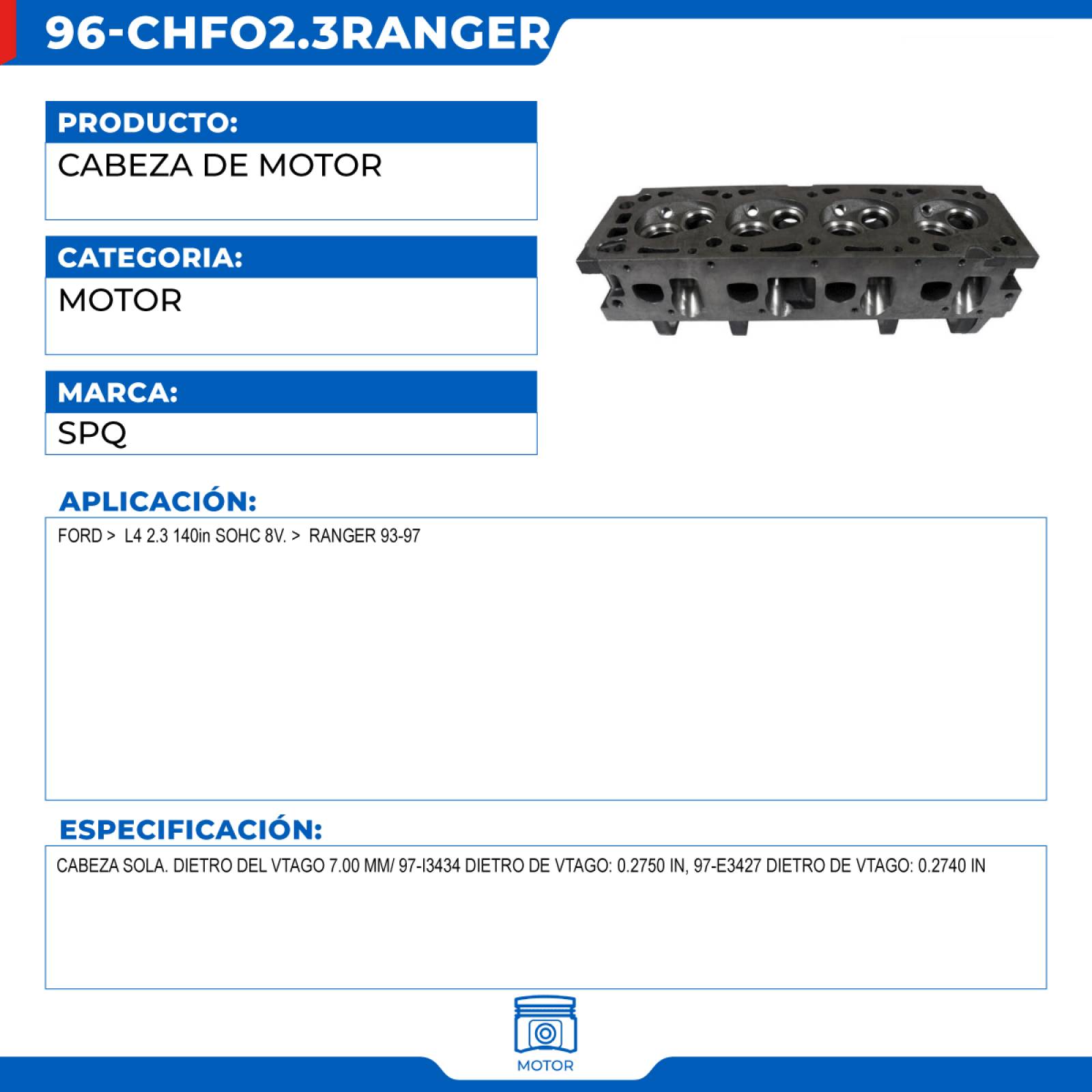 Cabeza De Motor, SPQ; Para Ford Ranger 1993-1997 L4; 2.3