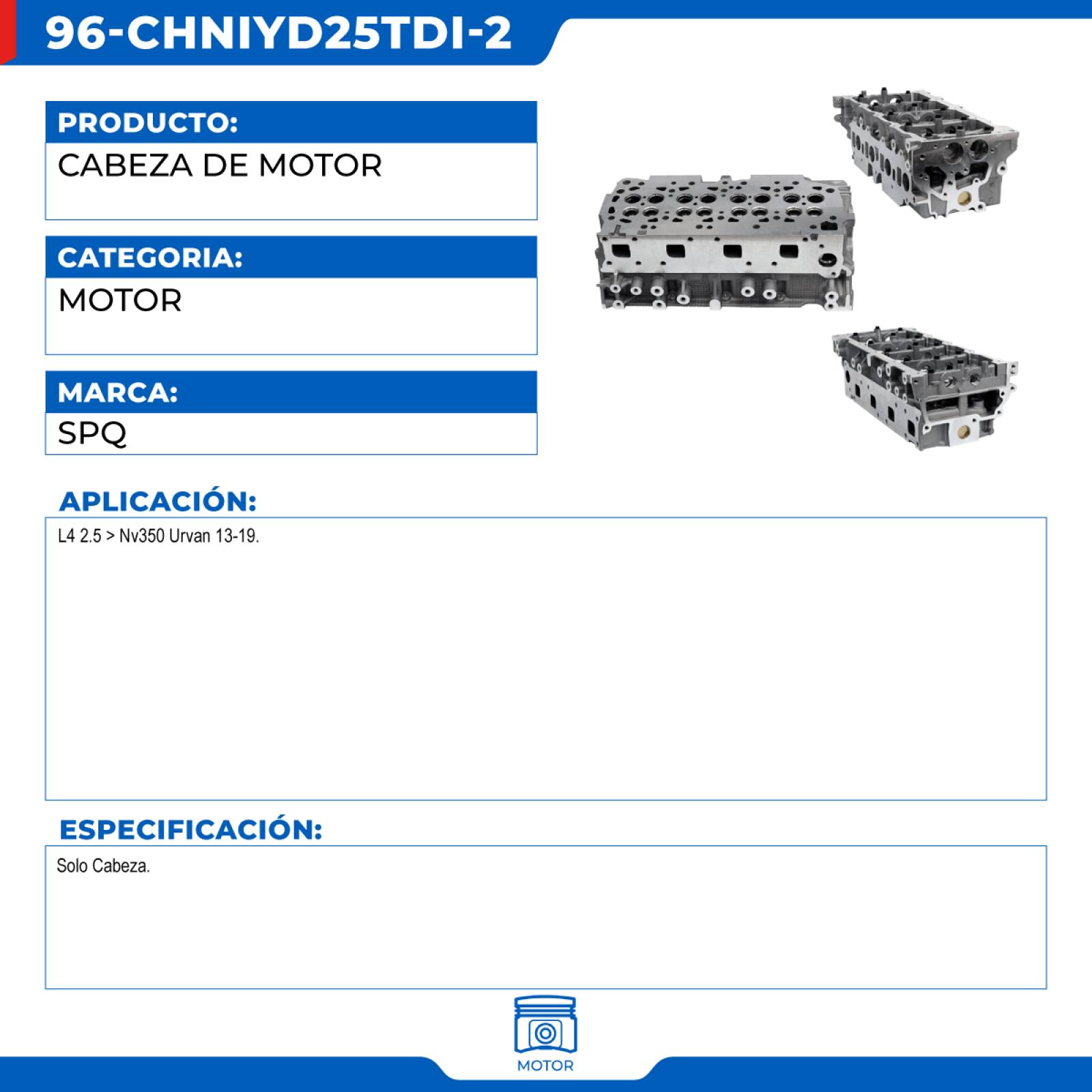 Cabeza De Motor, SPQ; Para Nissan Nv350 Urvan 2013-2019 L4; 2.5