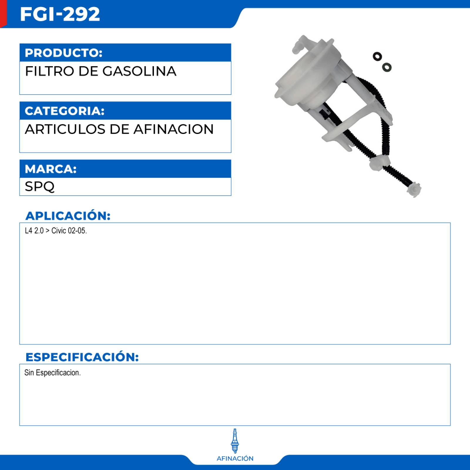 Filtro De Gasolina, SPQ; Para Honda Civic 2002-2005 L4; 2