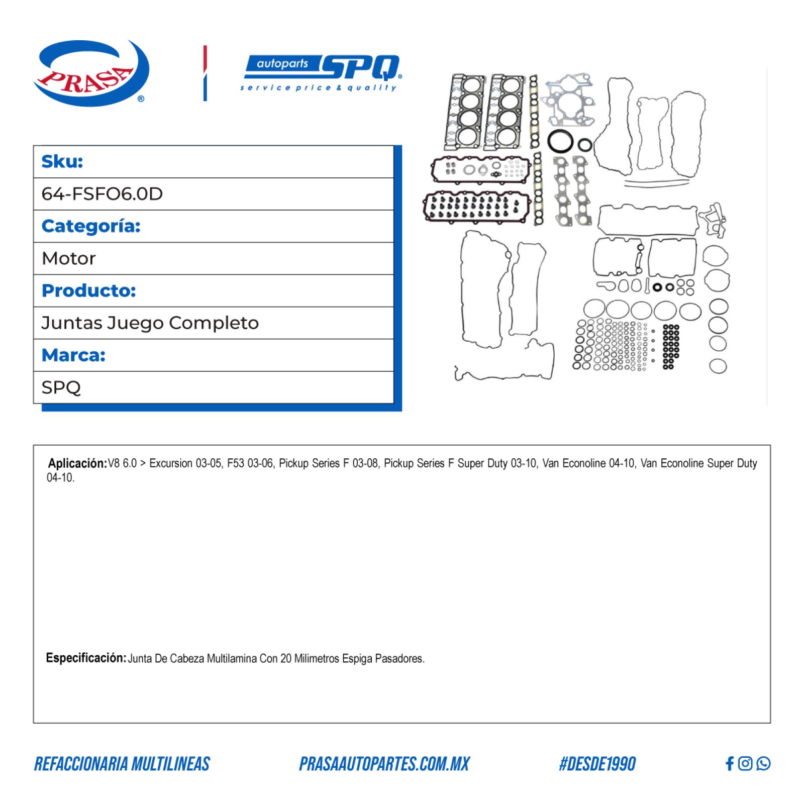 Juntas Juego Completo, SPQ; Para Ford E250 Econoline Van 2004-2010 V8; 6