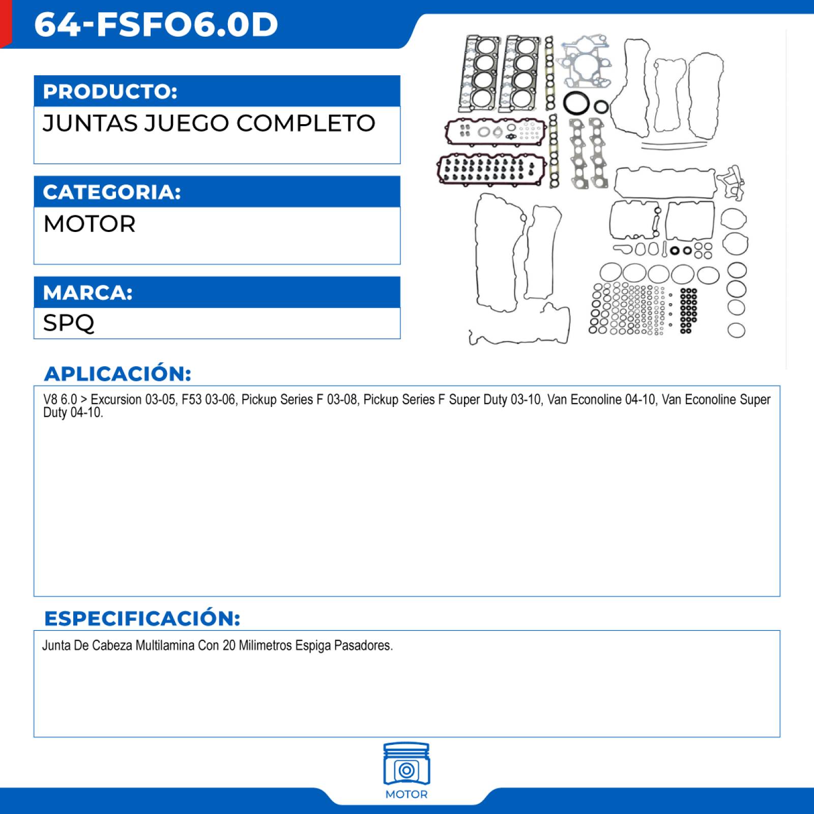 Juntas Juego Completo, SPQ; Para Ford E250 Econoline Van 2004-2010 V8; 6
