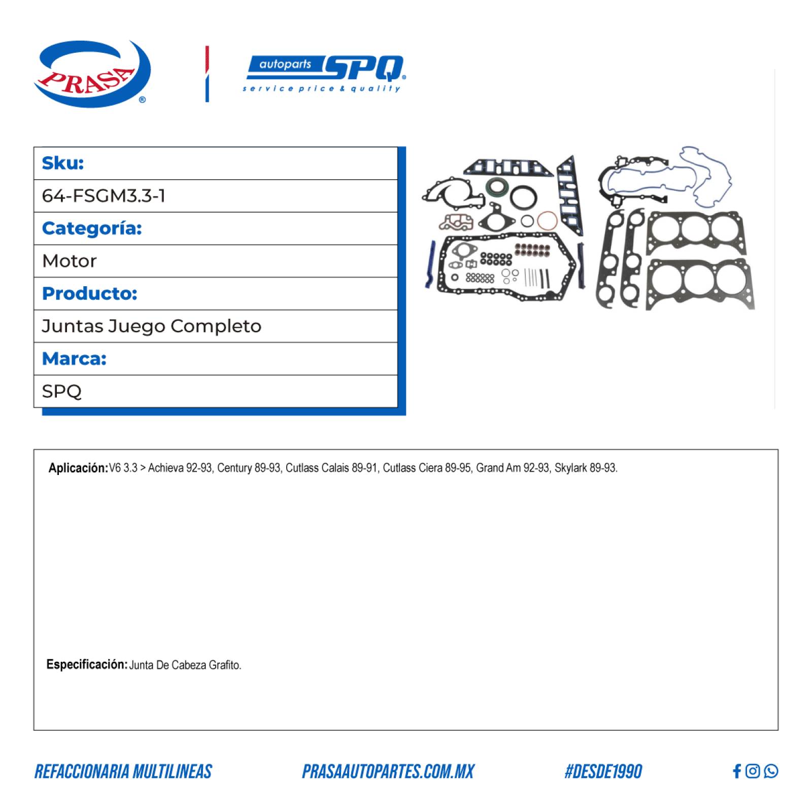 Juntas Juego Completo, SPQ; Para Buick Century 1989-1993 V6; 3.3