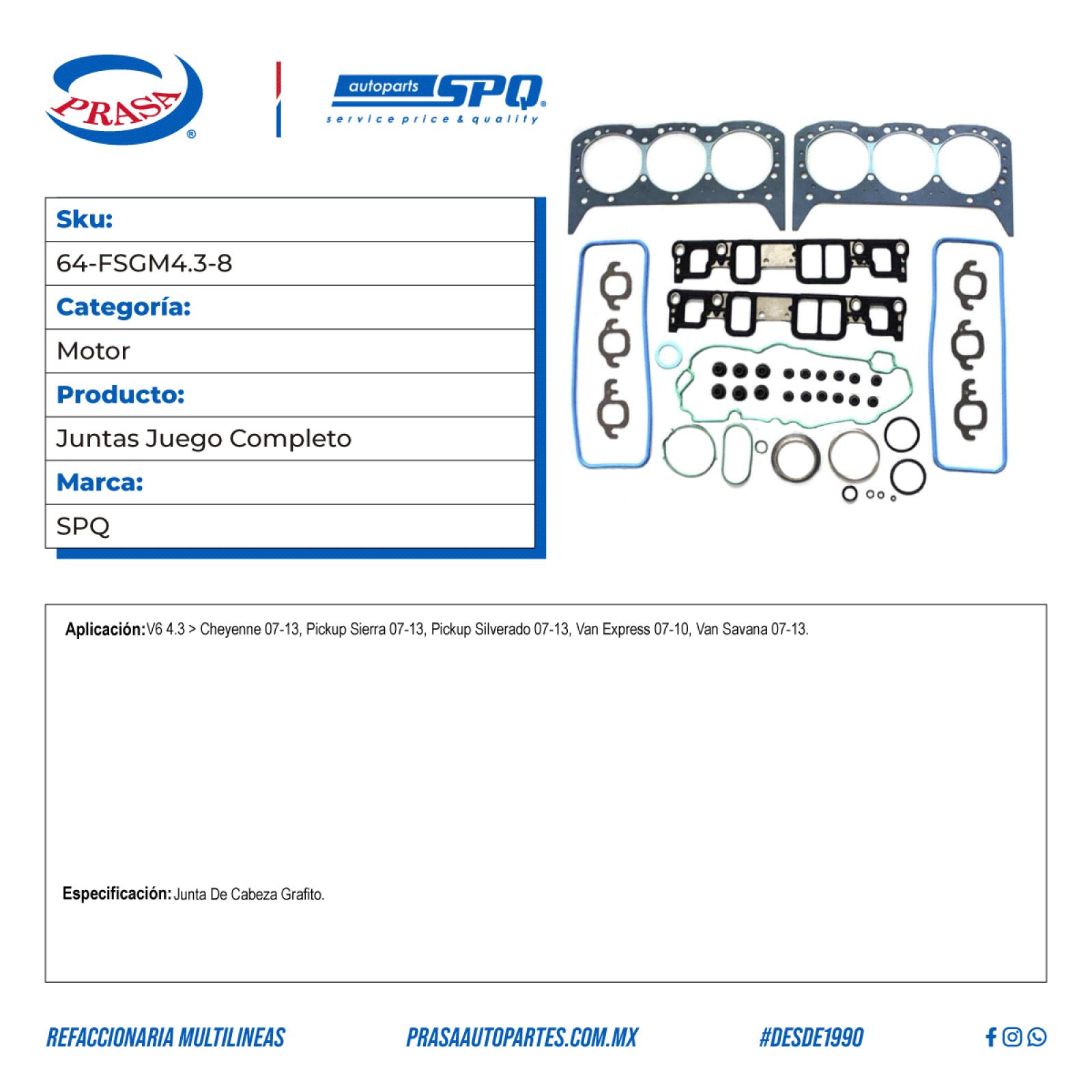 Juntas Juego Completo, SPQ; Para Chevrolet Cheyenne 2007-2013 V6; 4.3