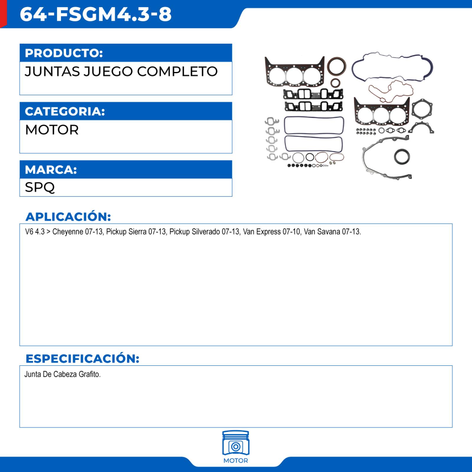 Juntas Juego Completo, SPQ; Para Chevrolet Cheyenne 2007-2013 V6; 4.3