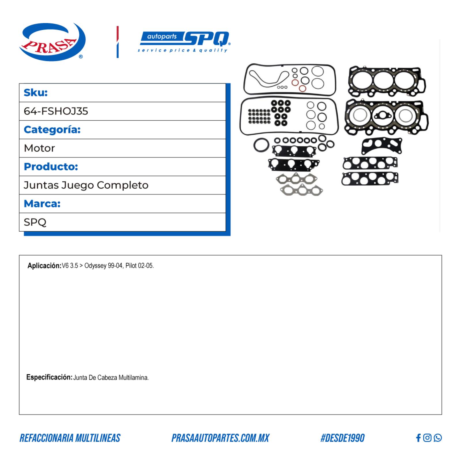 Juntas Juego Completo, SPQ; Para Honda Odyssey 1999-2002 V6; 3.5