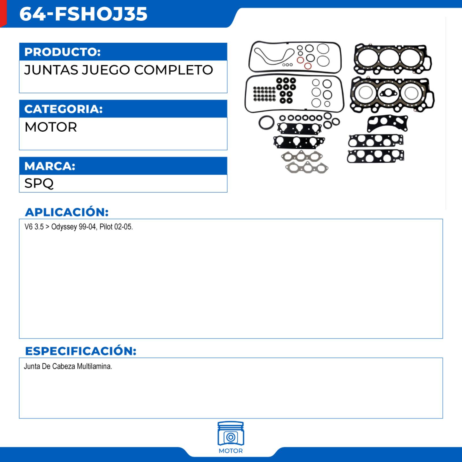 Juntas Juego Completo, SPQ; Para Honda Odyssey 1999-2002 V6; 3.5