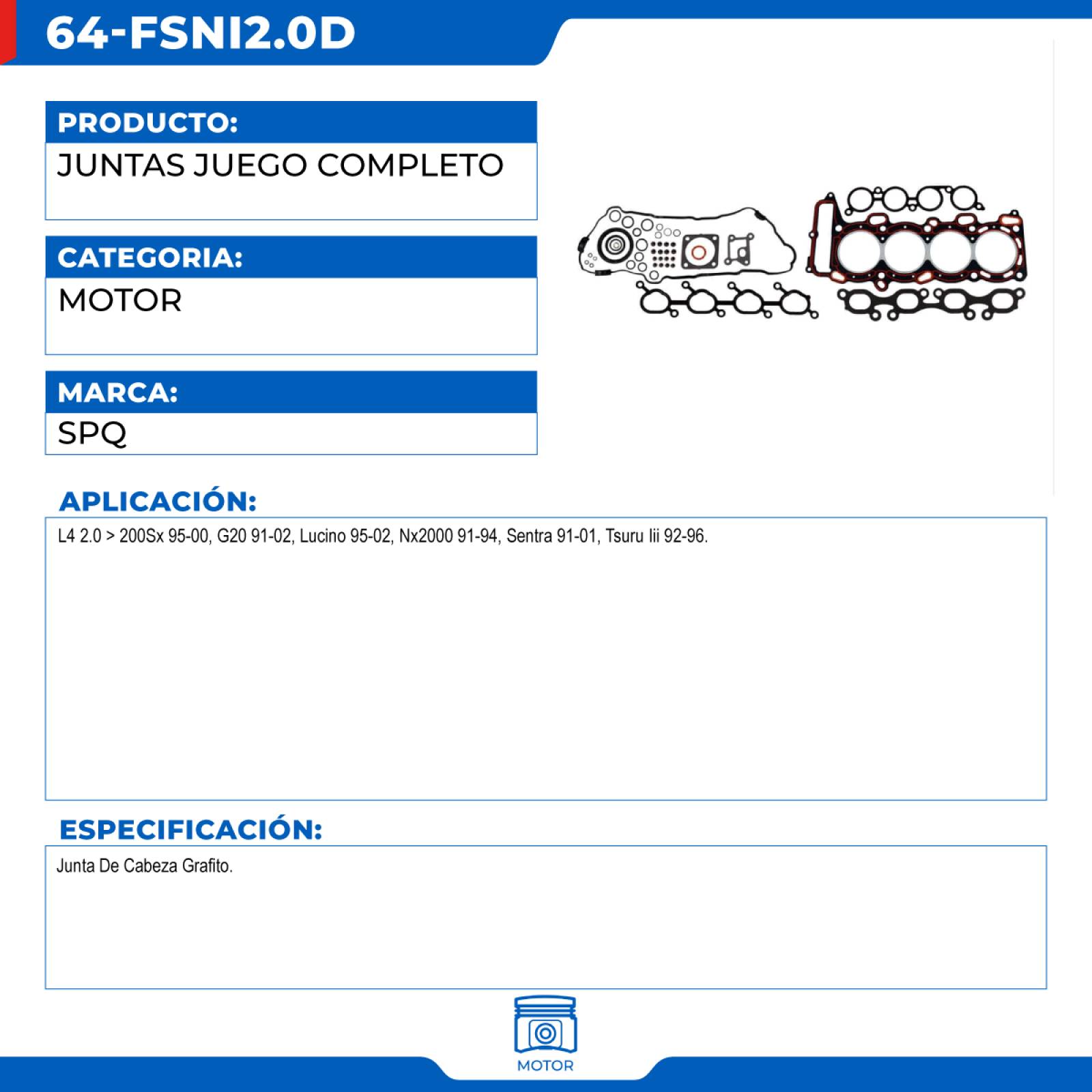 Juntas Juego Completo, SPQ; Para Infiniti G20 1991-2002 L4; 2