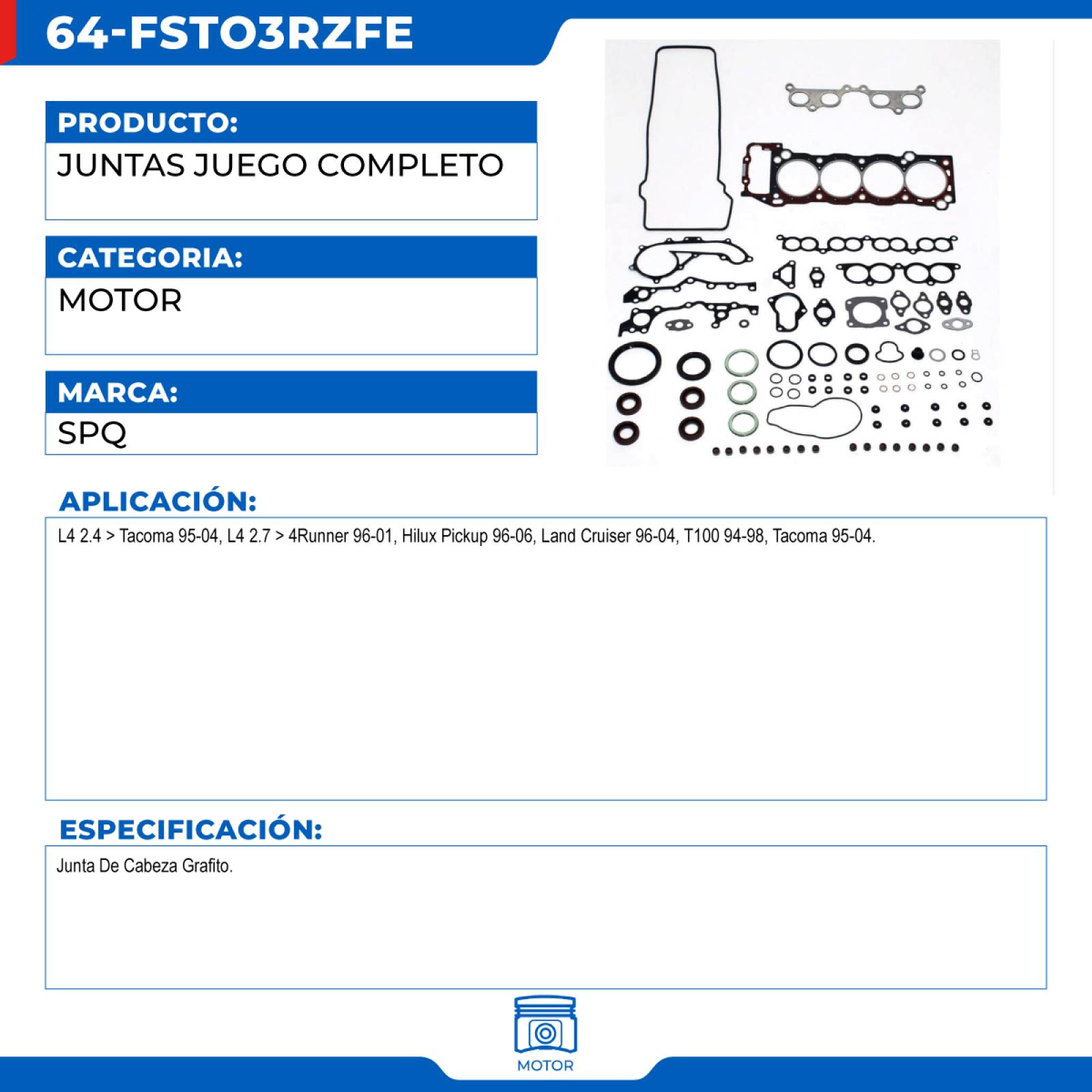 Juntas Juego Completo, SPQ; Para Toyota 4Runner 1996-2001 L4; 2.7