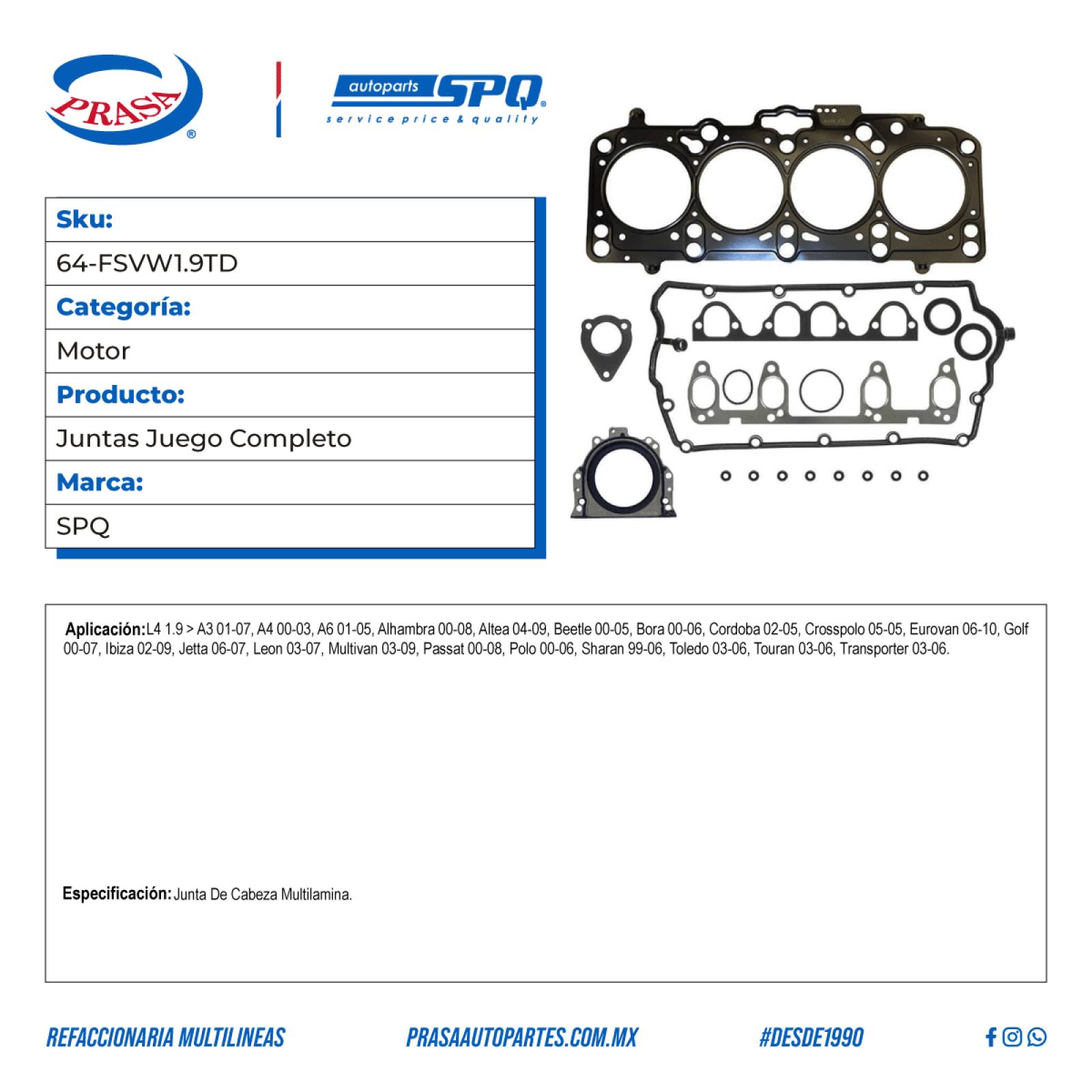 Juntas Juego Completo, SPQ; Para Audi A3 2003-2006 L4; 1.9