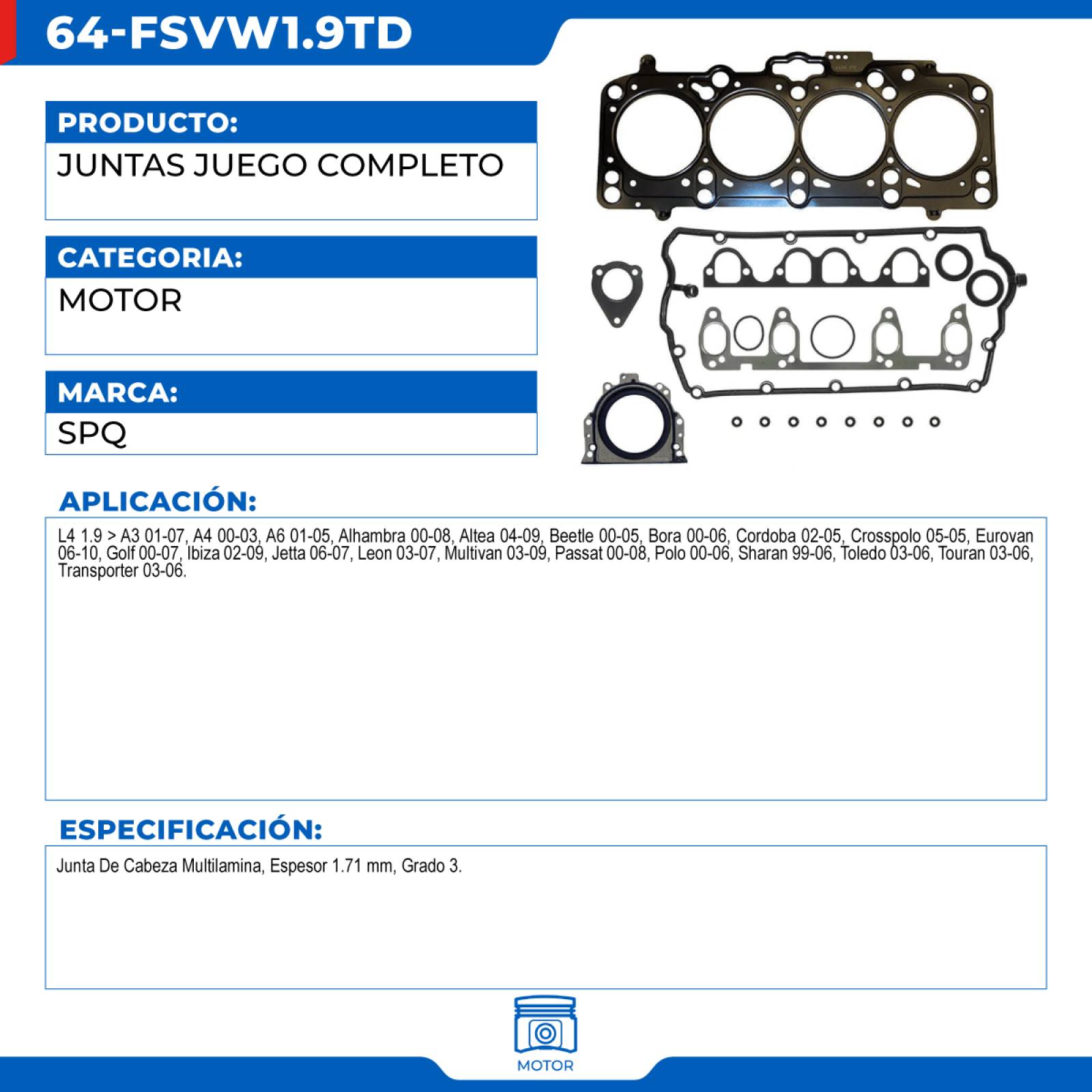 Juntas Juego Completo, SPQ; Para Audi A3 2003-2006 L4; 1.9