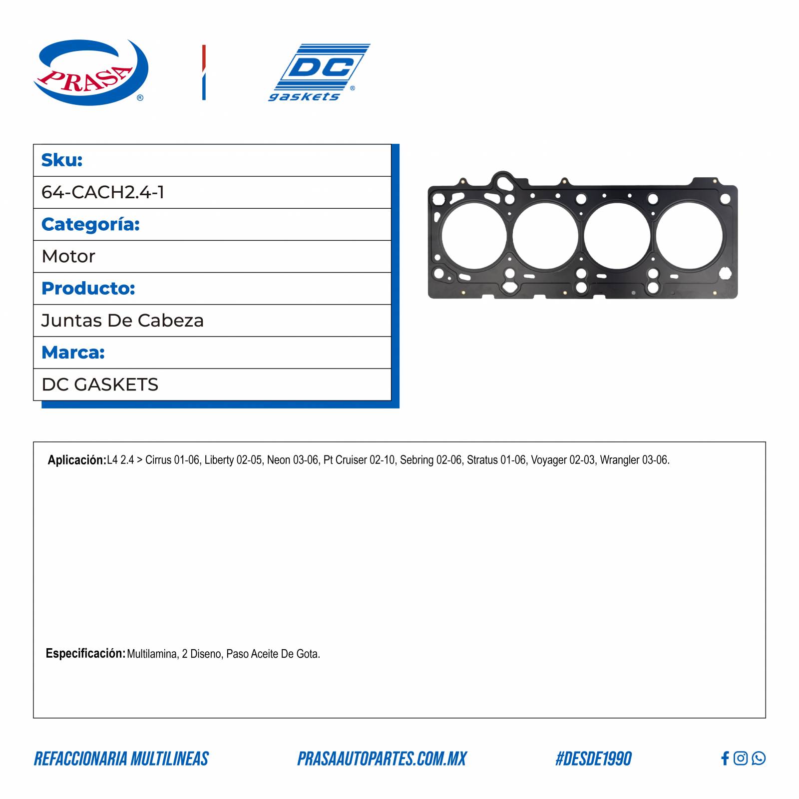 Juntas De Cabeza, DC GASKETS; Para Chrysler Cirrus 2001-2006 L4; 2.4