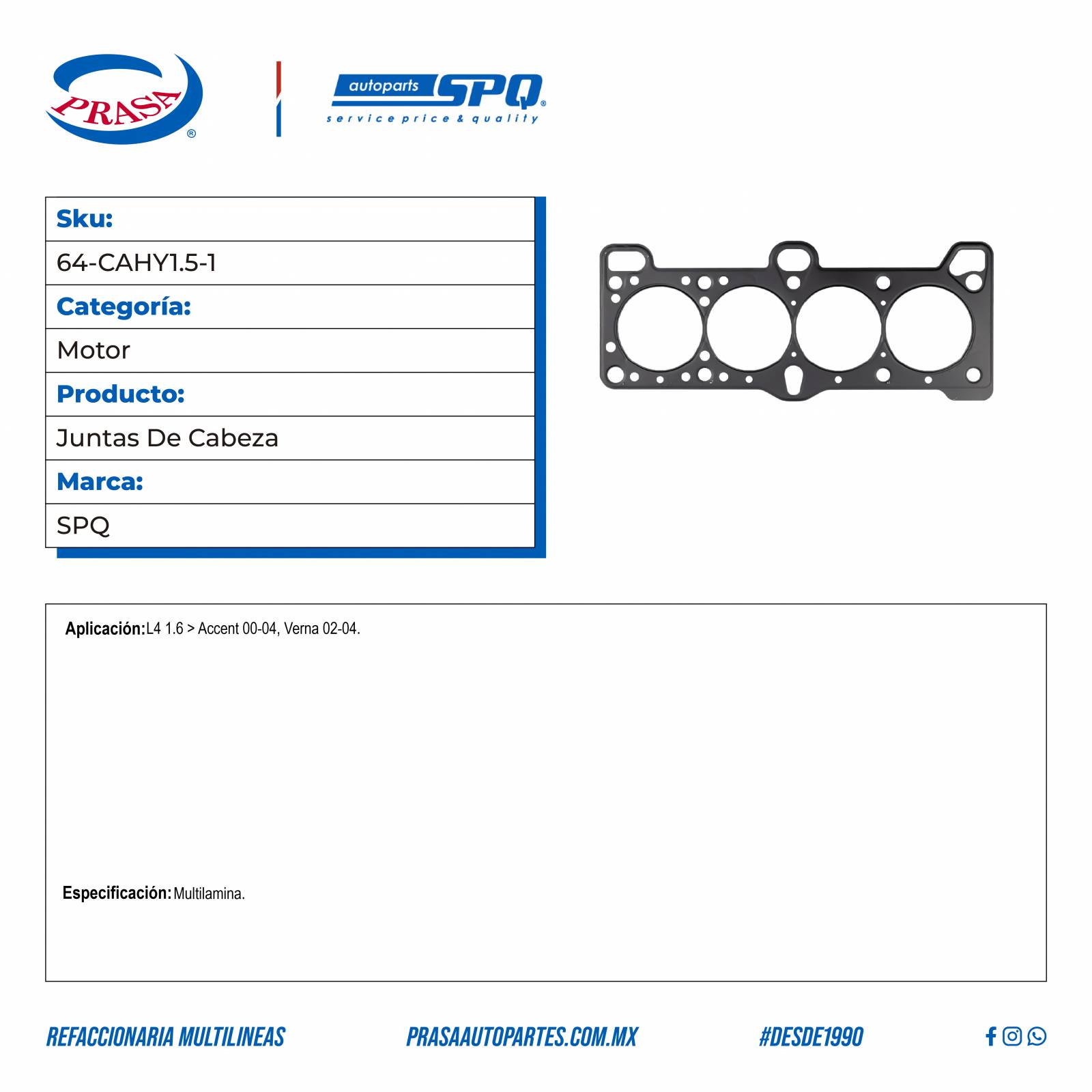 Juntas De Cabeza, SPQ; Para Dodge Verna 2002-2004 L4; 1.6