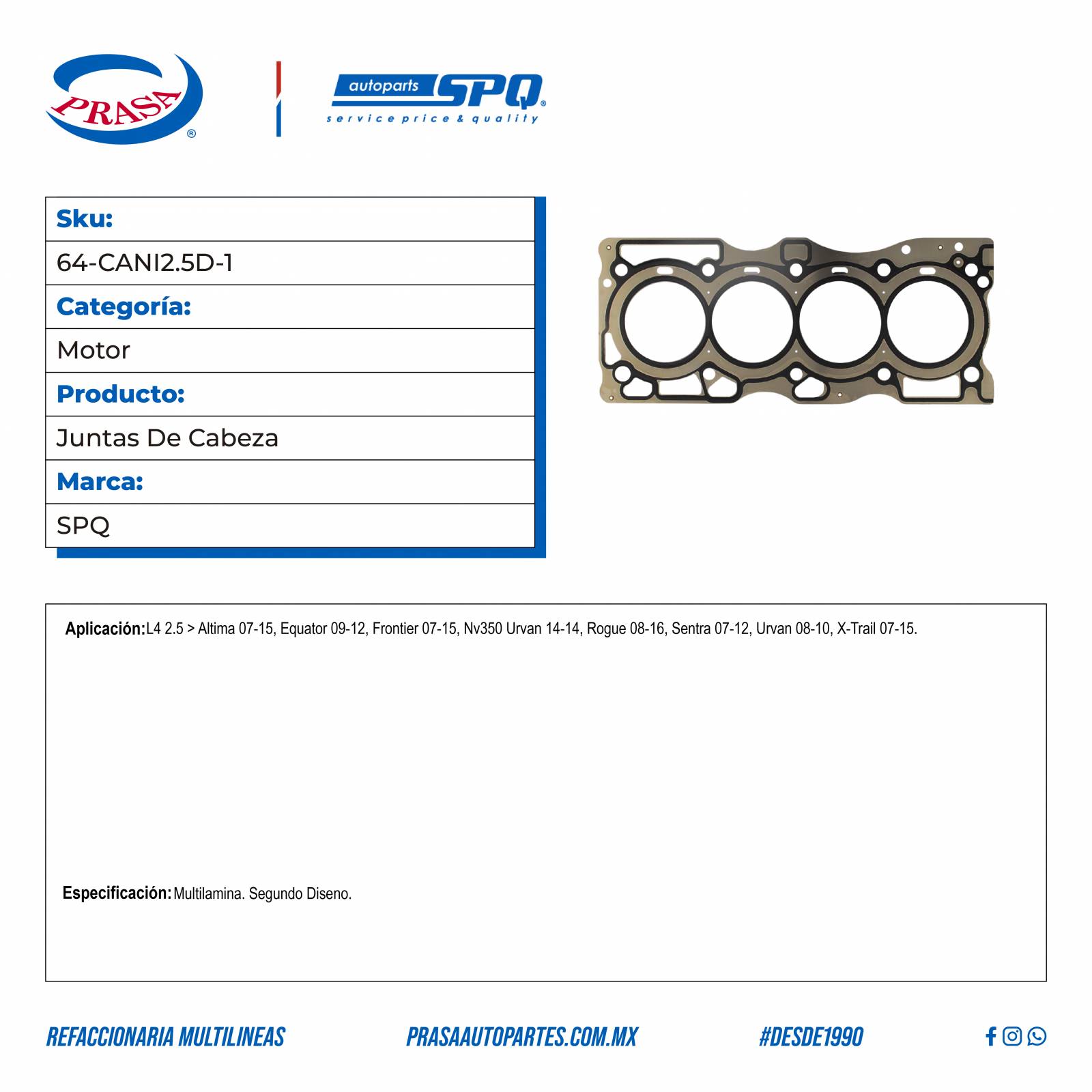 Juntas De Cabeza, SPQ; Para Nissan Altima 2007-2015 L4; 2.5