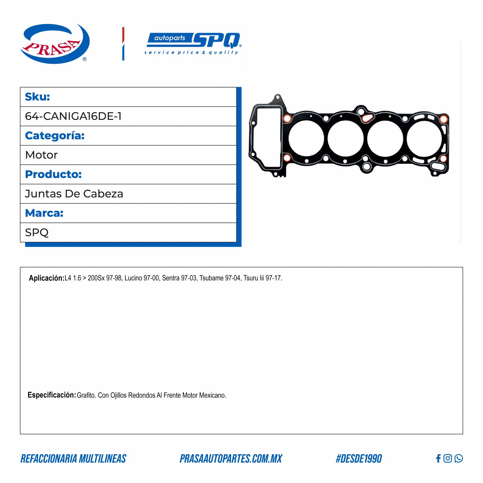 Juntas De Cabeza, SPQ; Para Nissan 200Sx 1997-1998 L4; 1.6