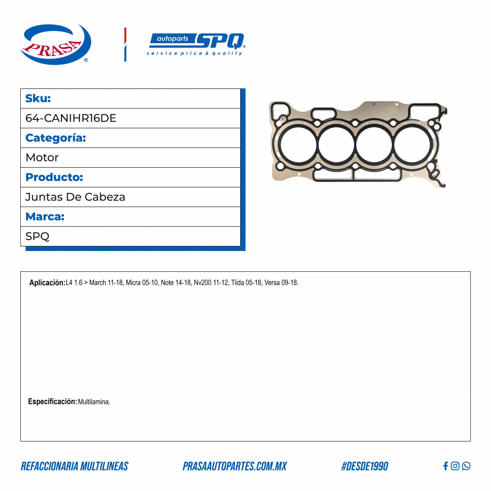 Juntas De Cabeza, SPQ; Para Nissan March 2011-2018 L4; 1.6