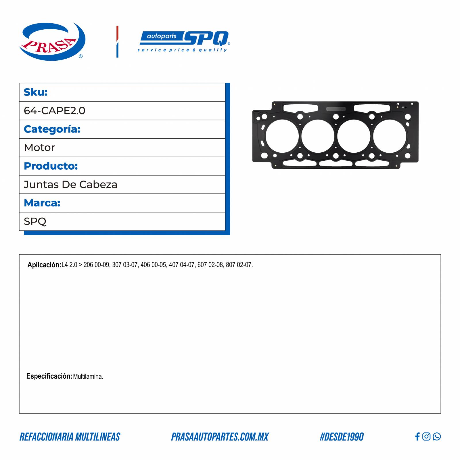 Juntas De Cabeza, SPQ; Para Peugeot 206 2000-2009 L4; 2