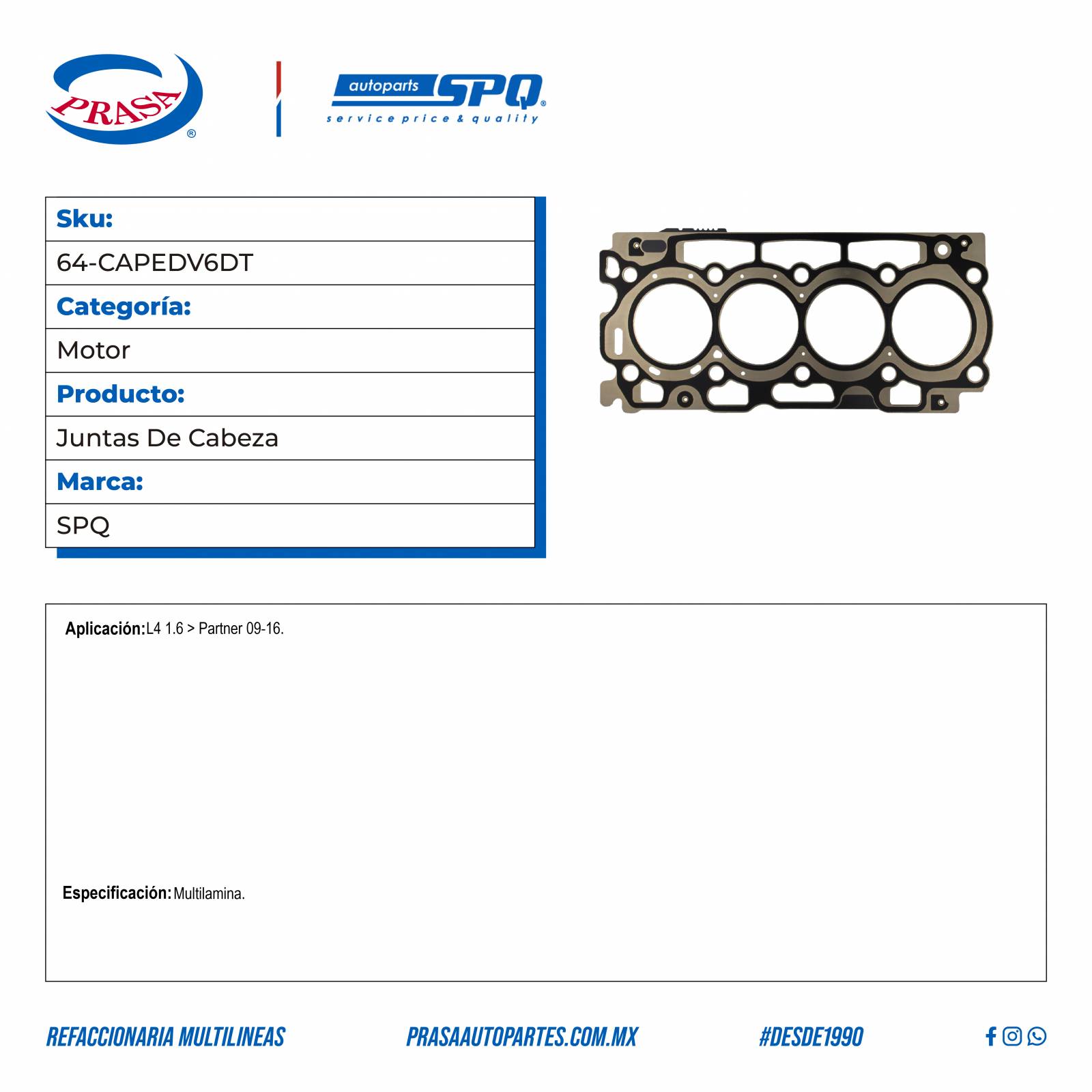 Juntas De Cabeza, SPQ; Para Peugeot Partner 2009-2016 L4; 1.6