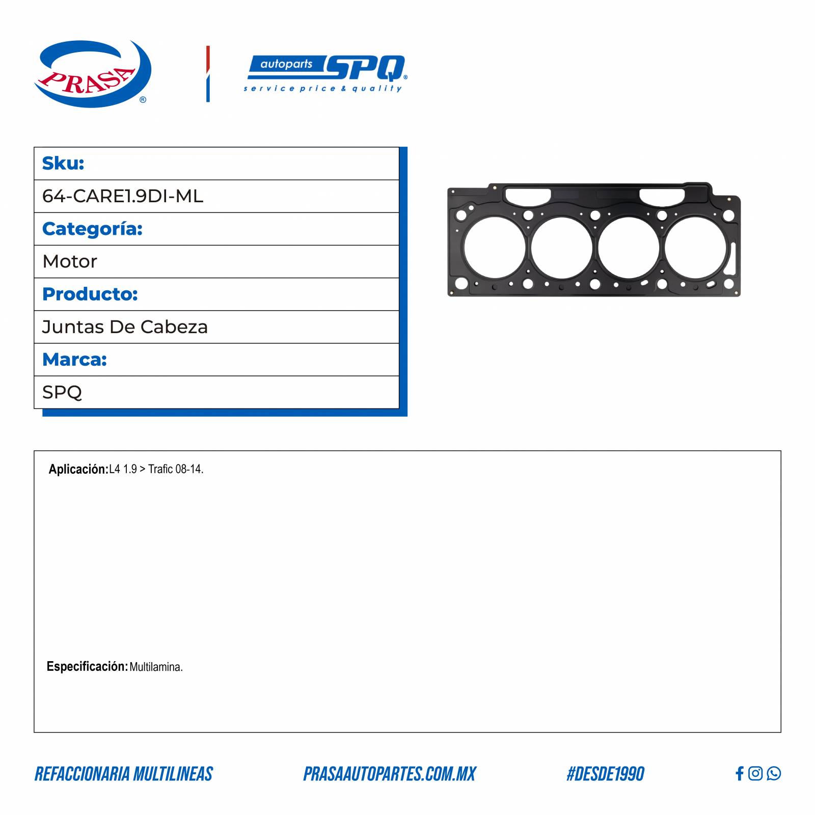 Juntas De Cabeza, SPQ; Para Renault Trafic 2008-2014 L4; 1.9