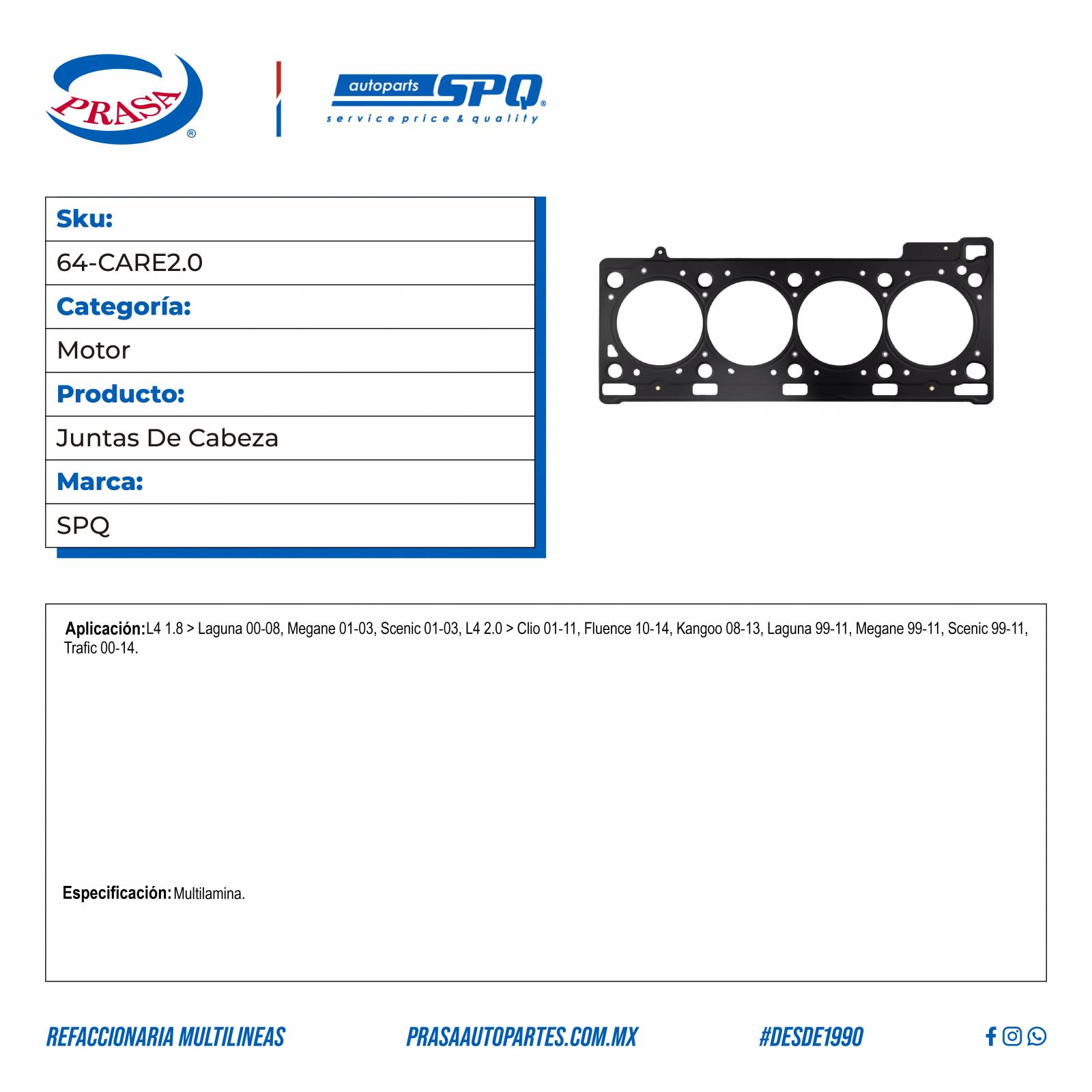 Juntas De Cabeza, SPQ; Para Renault Clio 2001-2011 L4; 2