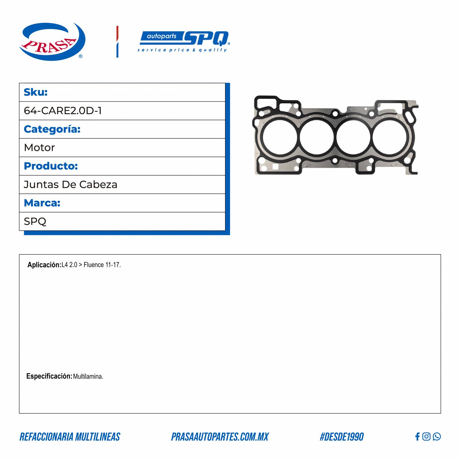 Juntas De Cabeza, SPQ; Para Renault Fluence 2011-2017 L4; 2